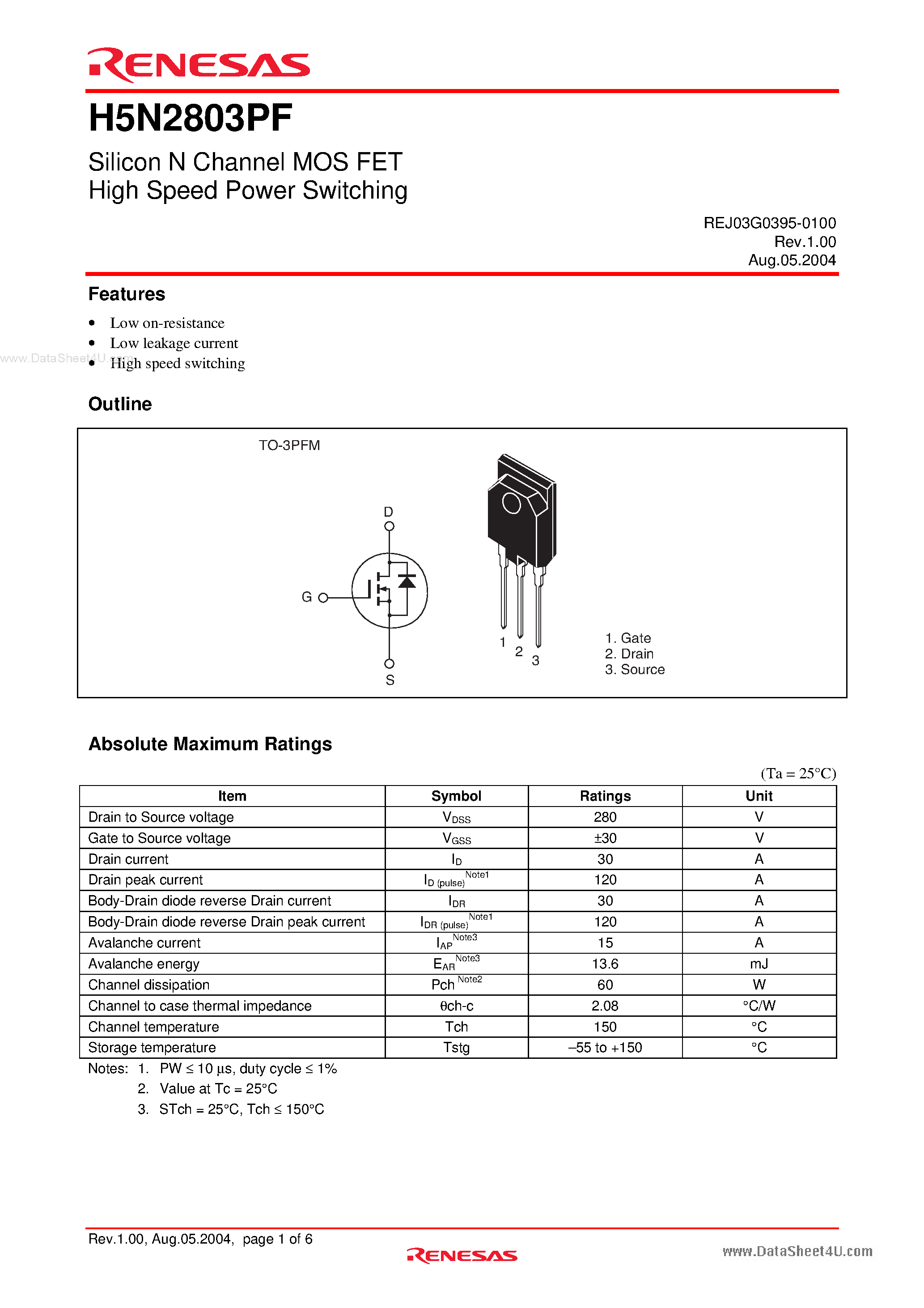 Datasheet H5N2803PF - Silicon N Channel MOS FET High Speed Power Switching page 1