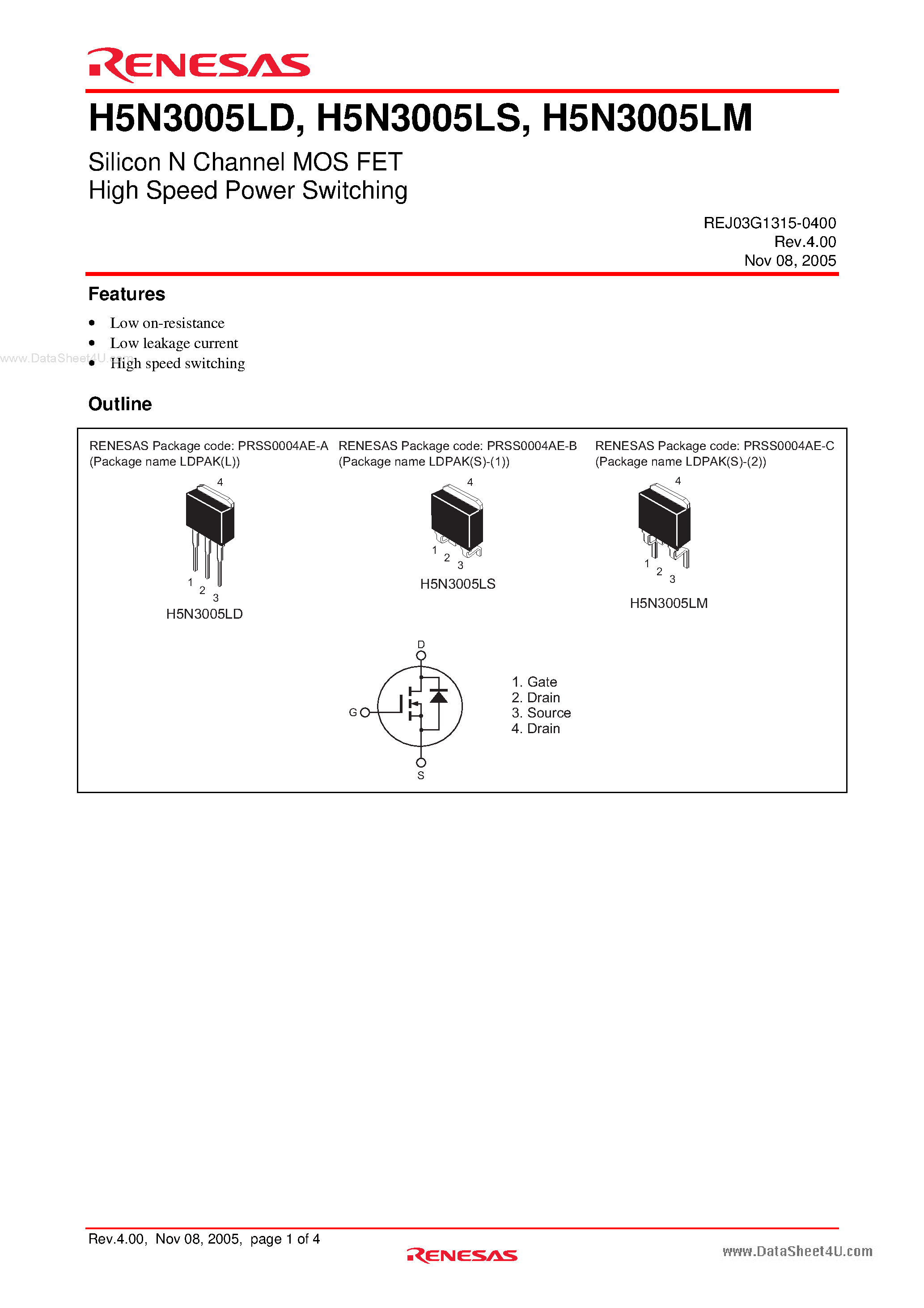 Datasheet H5N3005LD - Silicon N Channel MOS FET High Speed Power Switching page 1