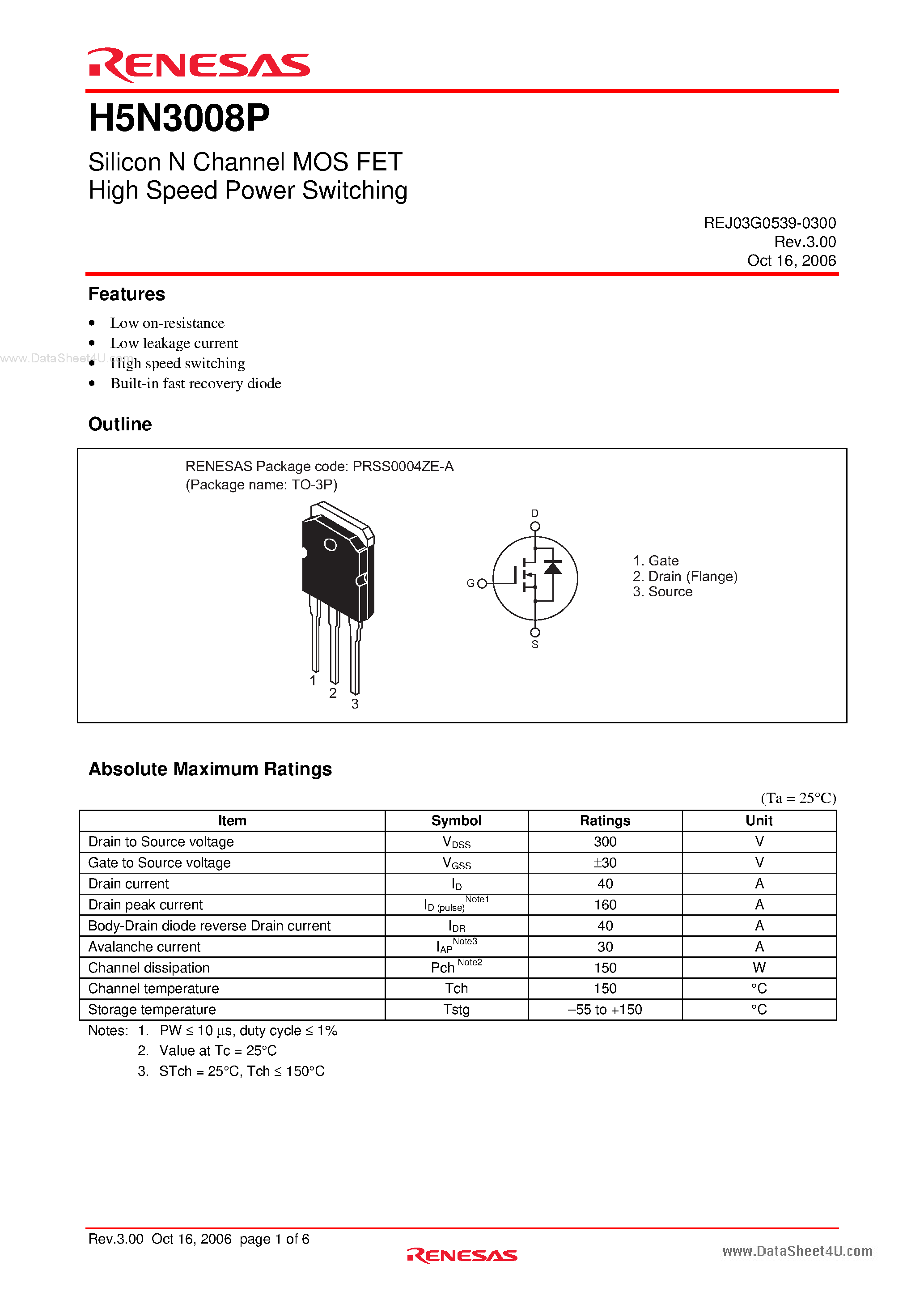 Datasheet H5N3008P - Silicon N Channel MOS FET High Speed Power Switching page 1