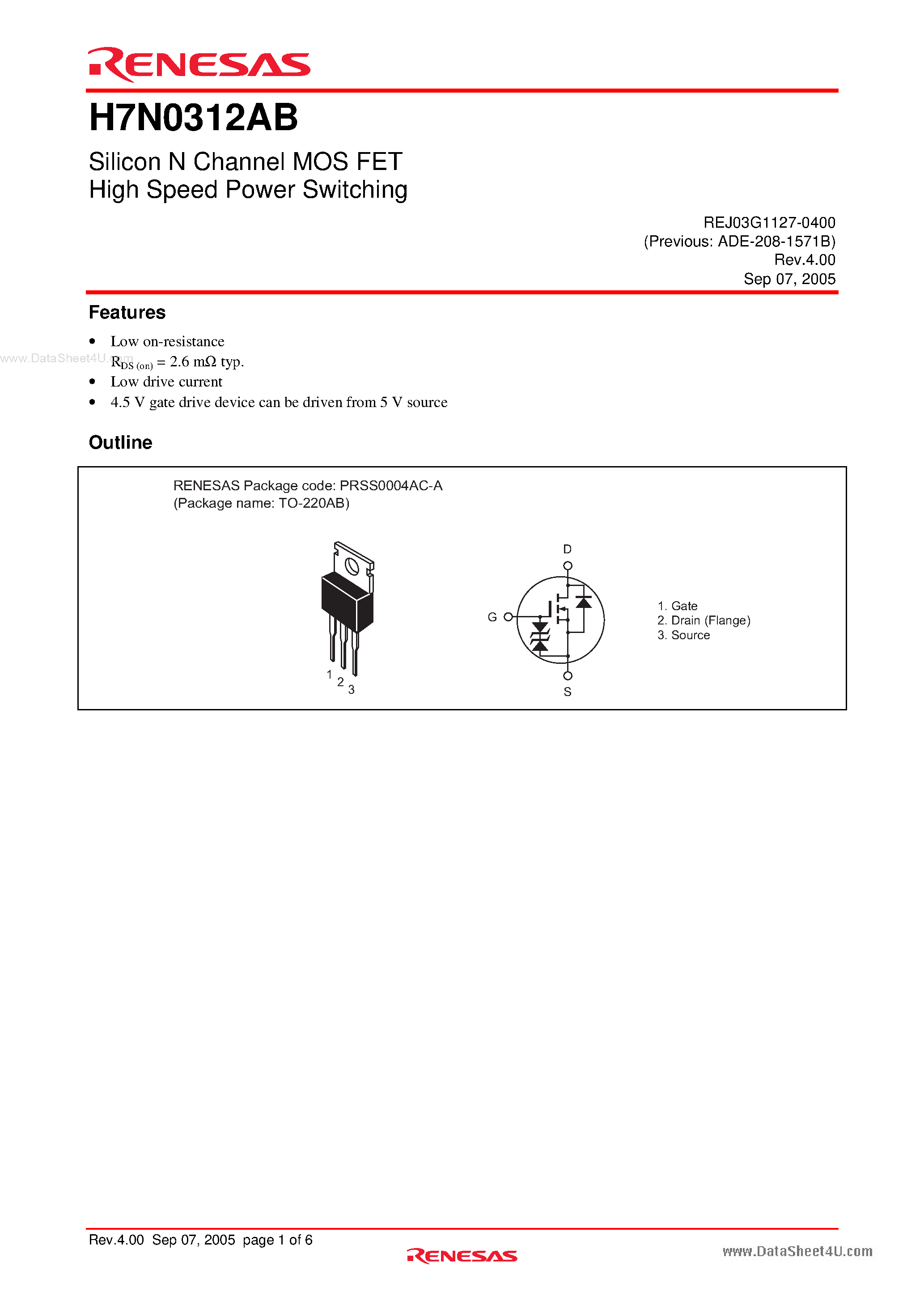 Datasheet H7N0312AB - Silicon N Channel MOS FET High Speed Power Switching page 1