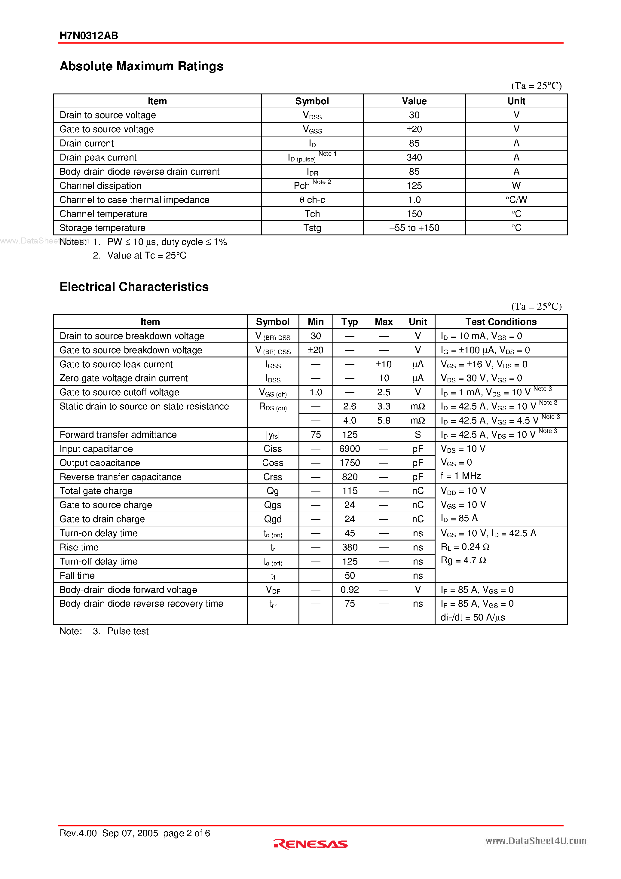 Datasheet H7N0312AB - Silicon N Channel MOS FET High Speed Power Switching page 2