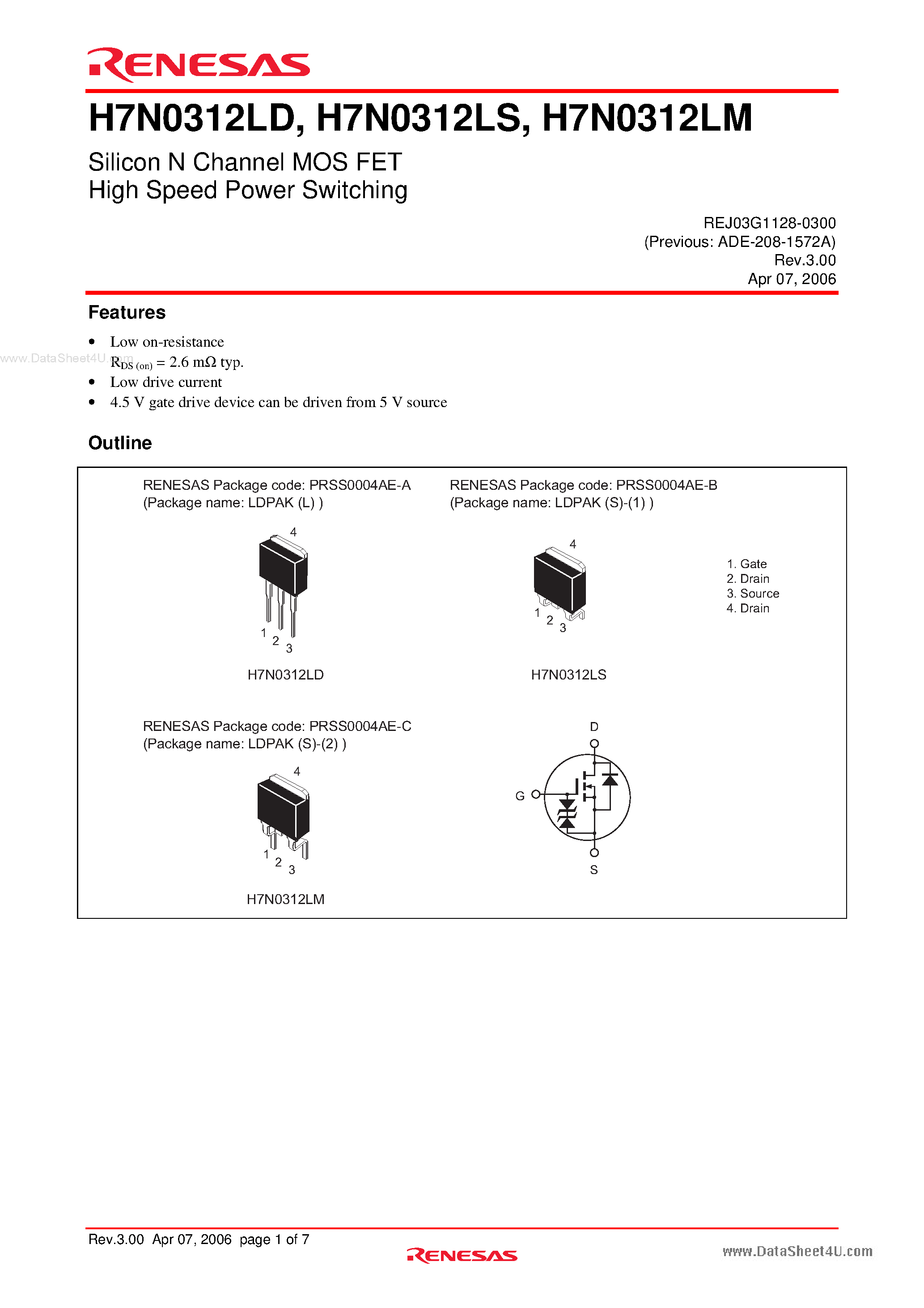 Datasheet H7N0312LM - Silicon N Channel MOS FET High Speed Power Switching page 1