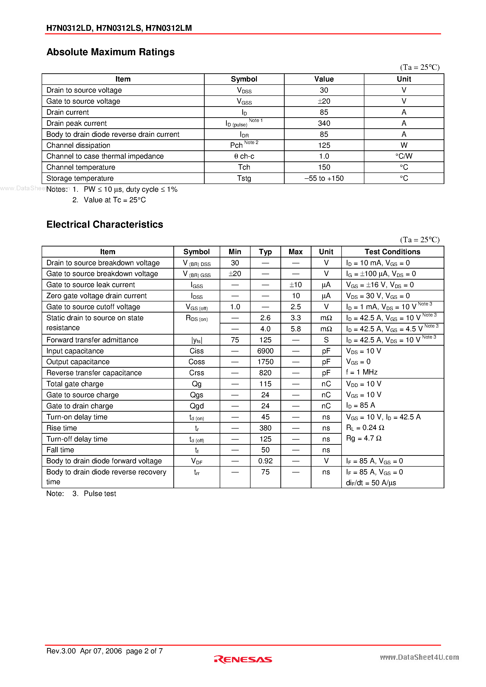 Datasheet H7N0312LM - Silicon N Channel MOS FET High Speed Power Switching page 2