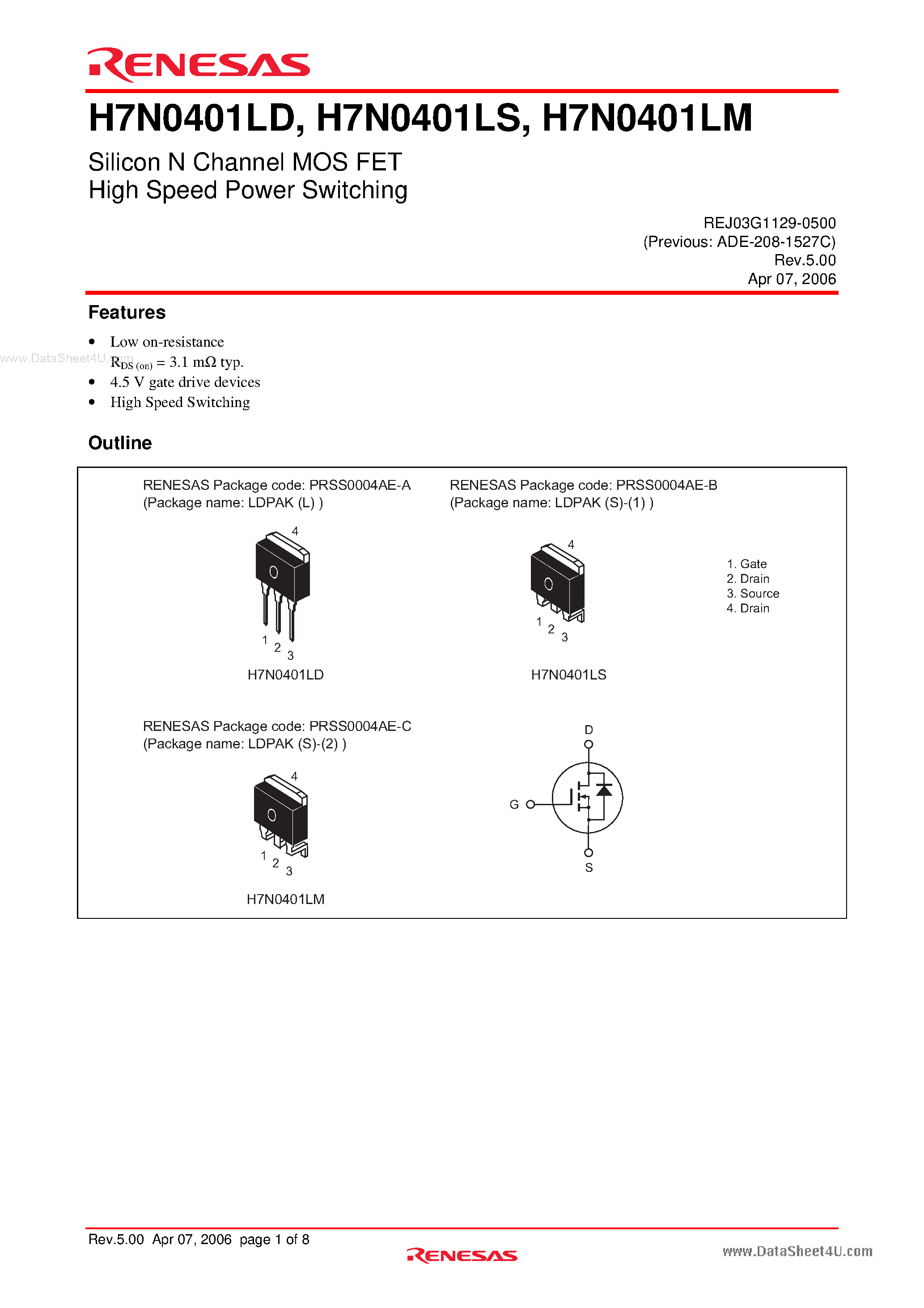Datasheet H7N0401LD - Silicon N Channel MOS FET High Speed Power Switching page 1