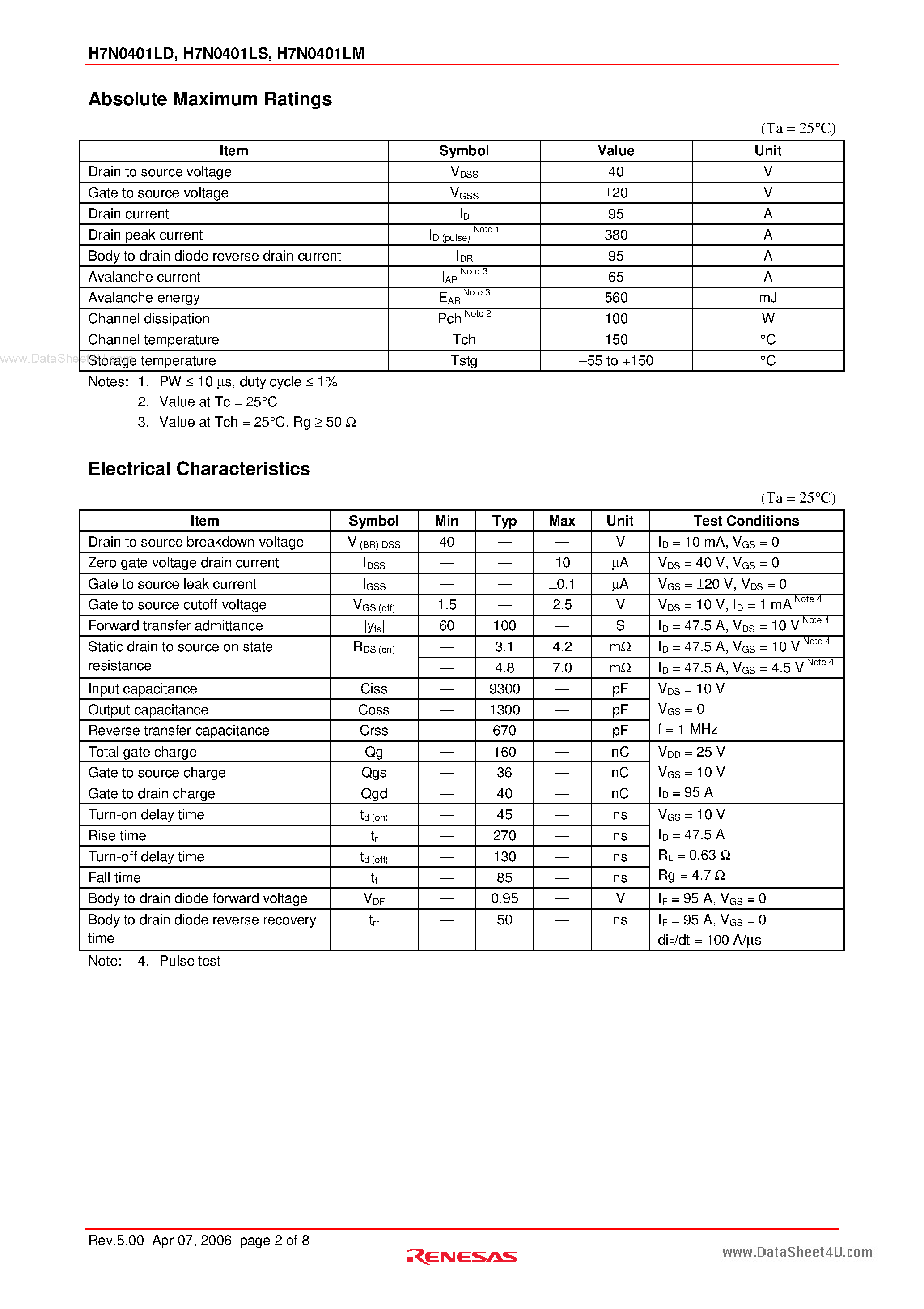 Datasheet H7N0401LD - Silicon N Channel MOS FET High Speed Power Switching page 2