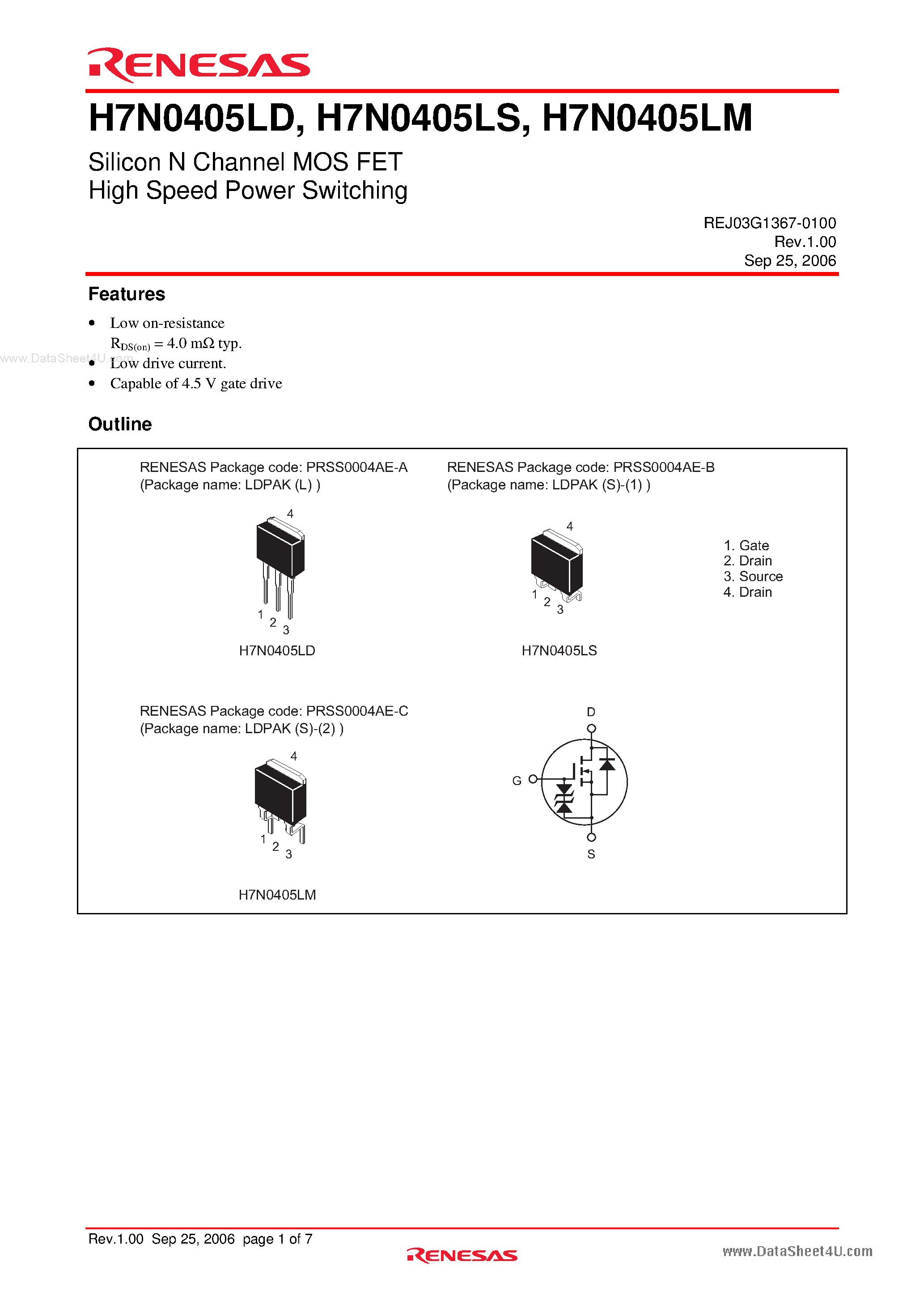 Datasheet H7N0405LD - Silicon N Channel MOS FET High Speed Power Switching page 1