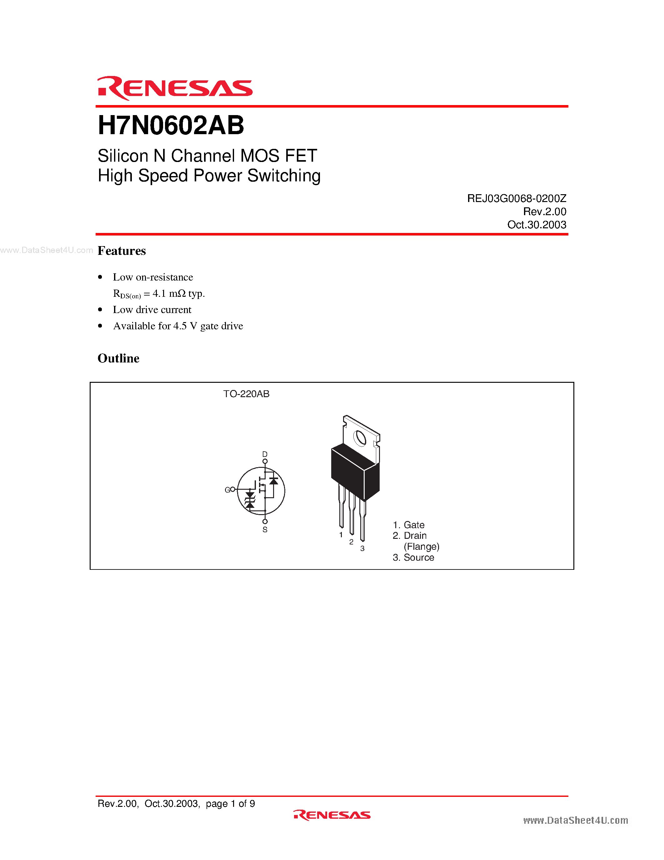 Datasheet H7N0602AB - Silicon N Channel MOS FET High Speed Power Switching page 1