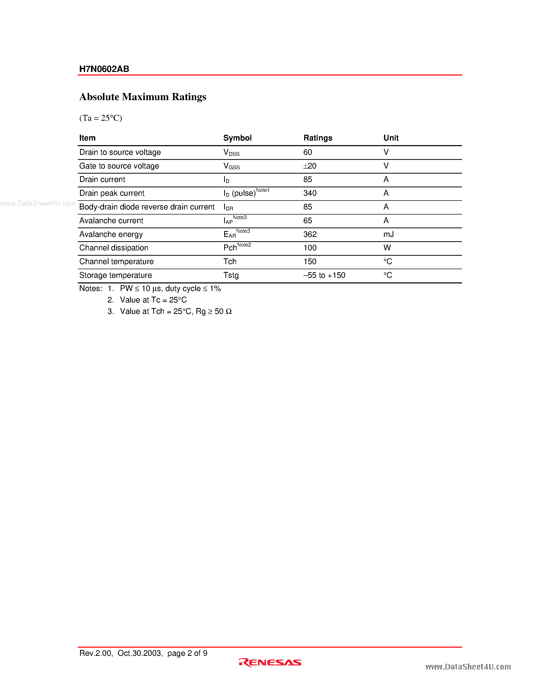 Datasheet H7N0602AB - Silicon N Channel MOS FET High Speed Power Switching page 2