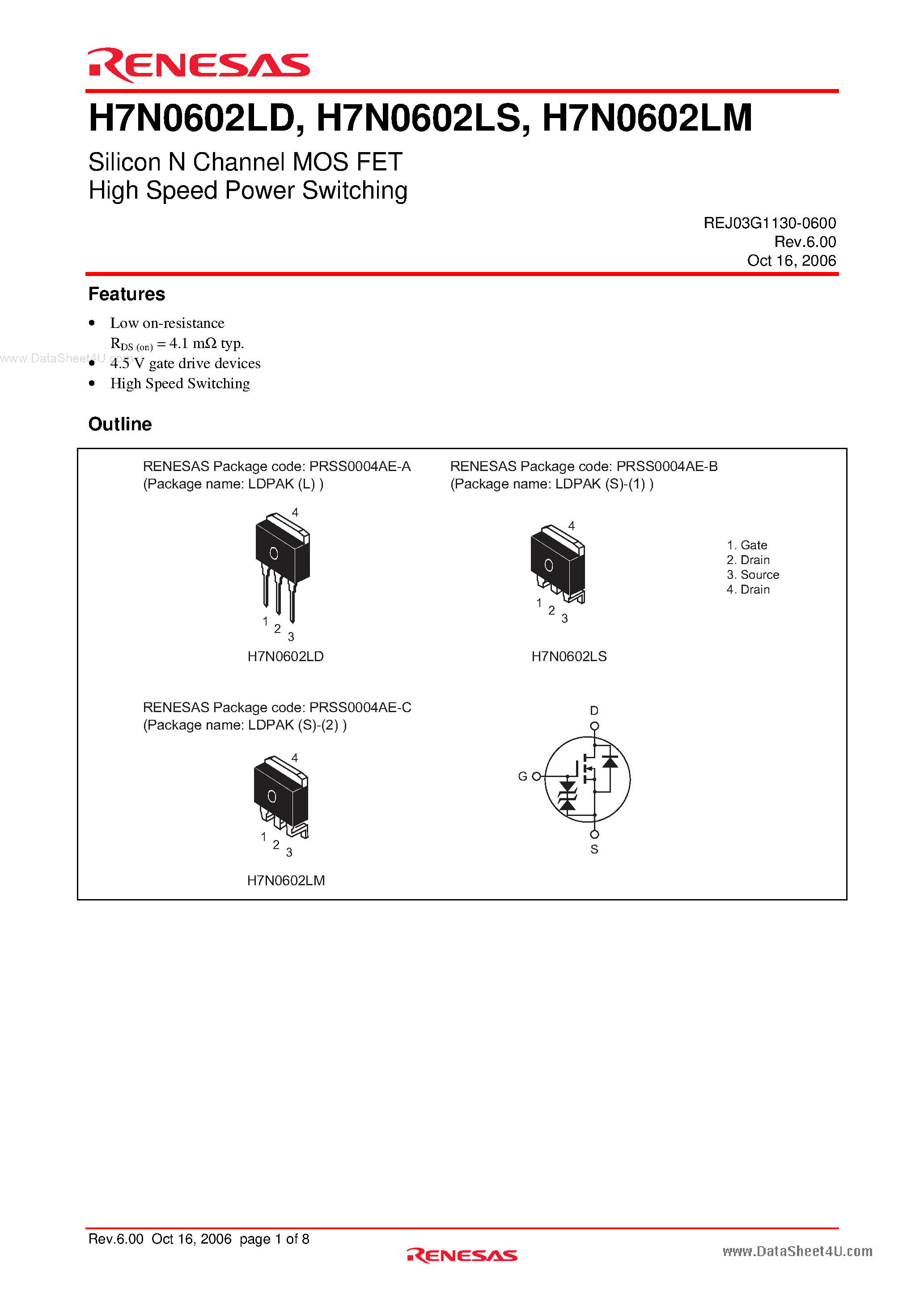 Datasheet H7N0602LD - Silicon N Channel MOS FET High Speed Power Switching page 1