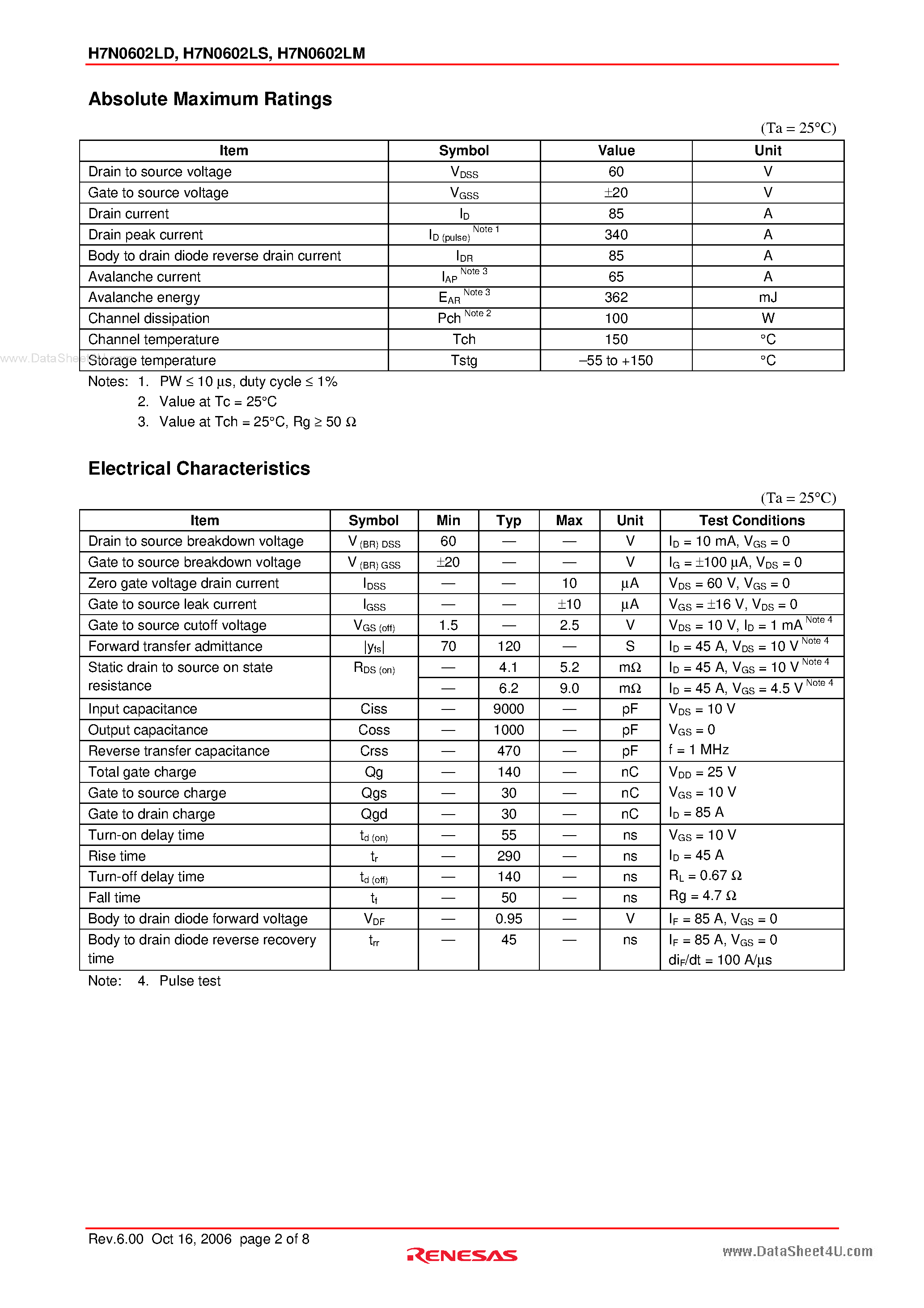 Datasheet H7N0602LD - Silicon N Channel MOS FET High Speed Power Switching page 2