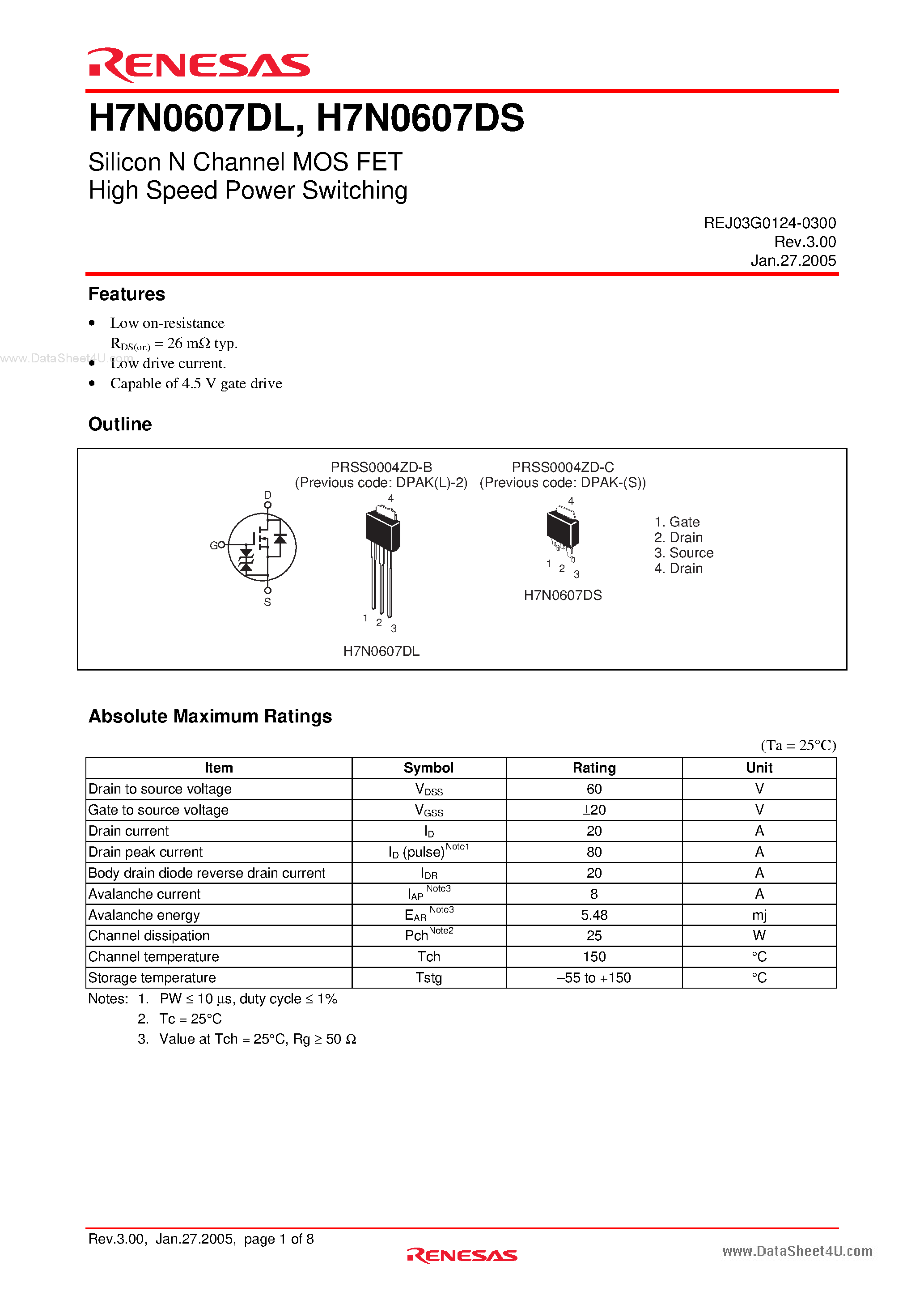 Datasheet H7N0607DL - Silicon N Channel MOS FET High Speed Power Switching page 1