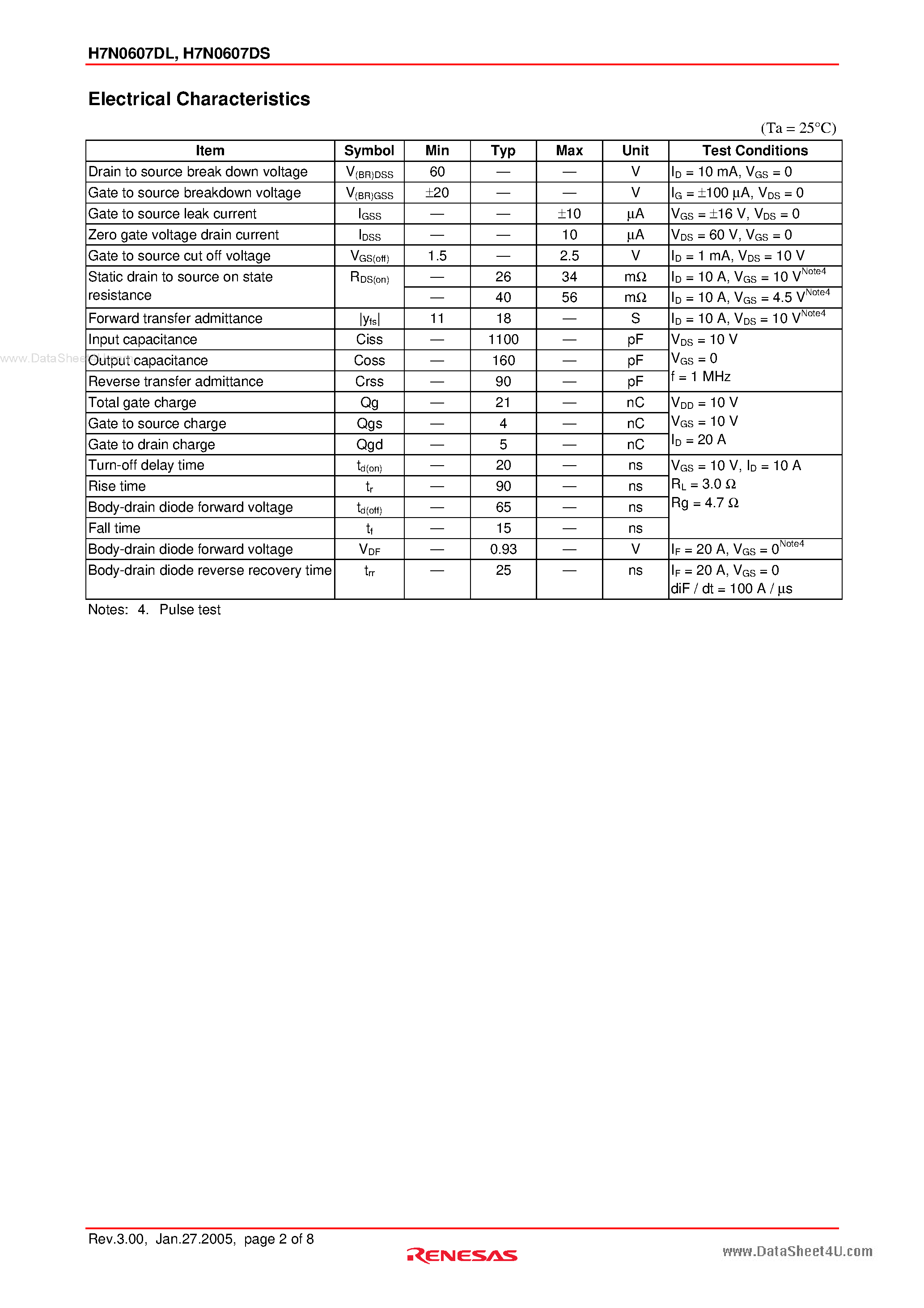 Datasheet H7N0607DL - Silicon N Channel MOS FET High Speed Power Switching page 2
