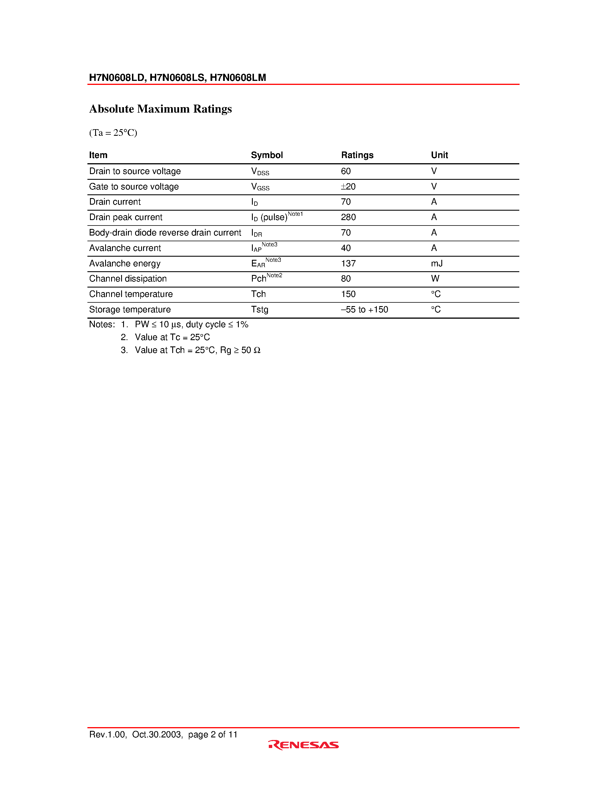 Datasheet H7N0608L - Silicon N Channel MOS FET High Speed Power Switching page 2
