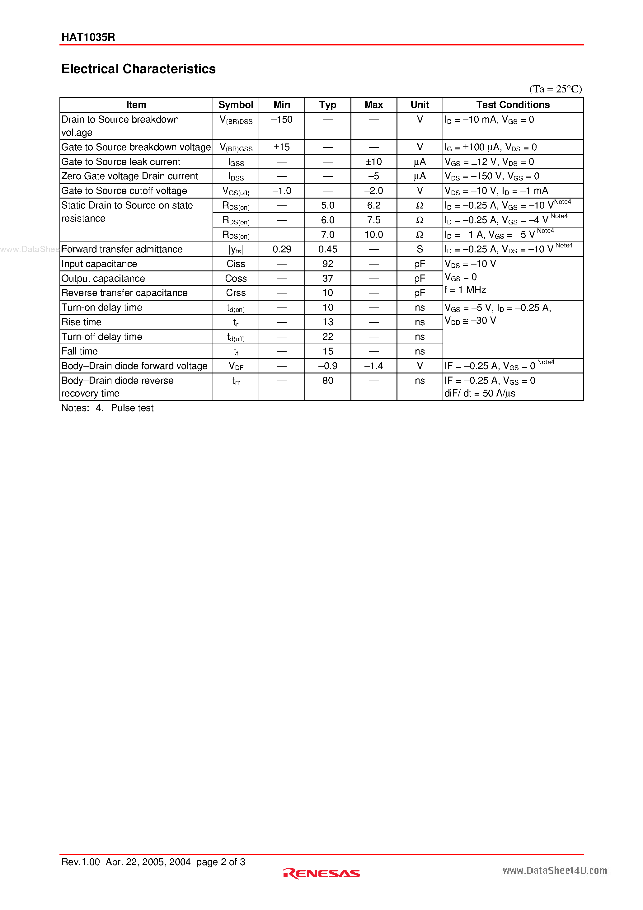 Datasheet HAT1035R - Silicon P Channel Power MOSFET High Speed Power Switching page 2
