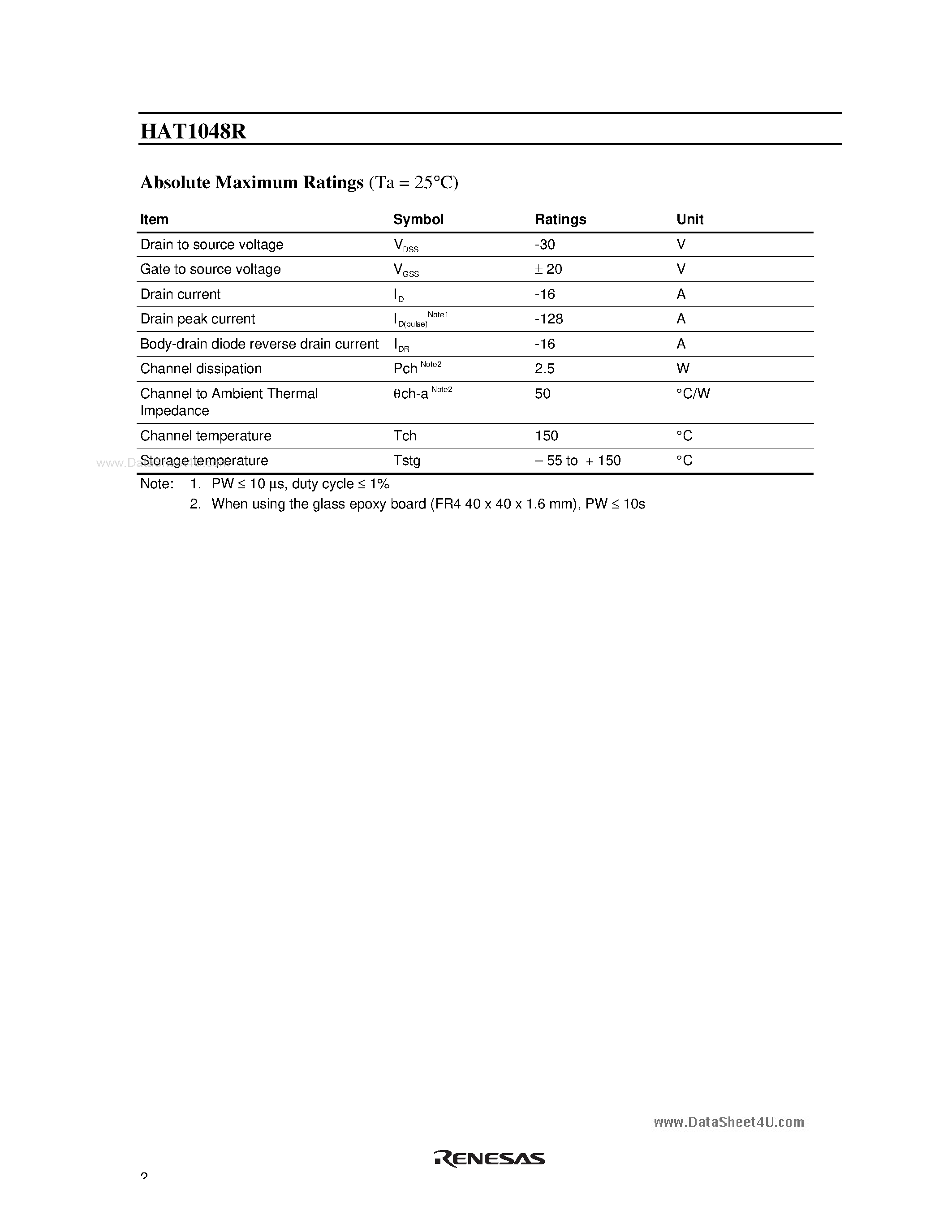 Datasheet HAT1048R - Silicon P Channel Power MOS FET Power Switching page 2