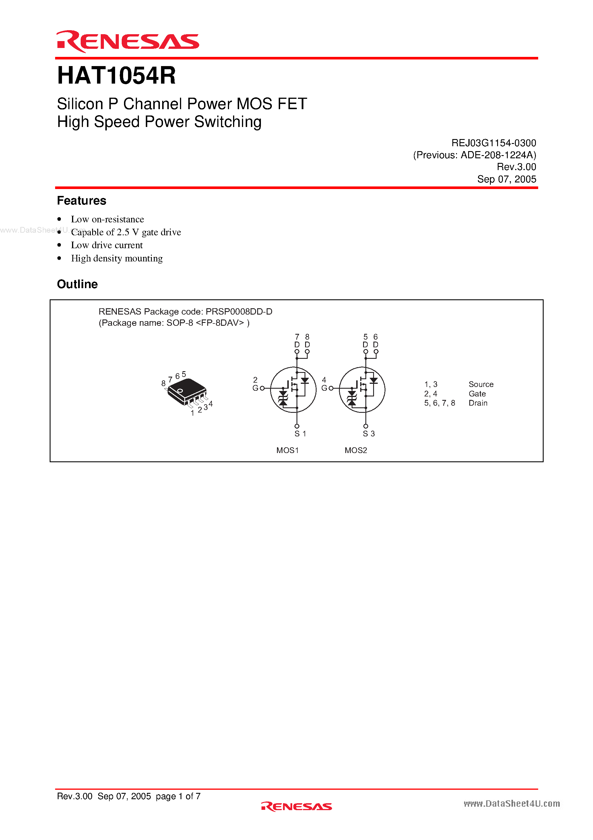 Datasheet HAT1054R - Silicon P Channel Power MOS FET Power Switching page 1