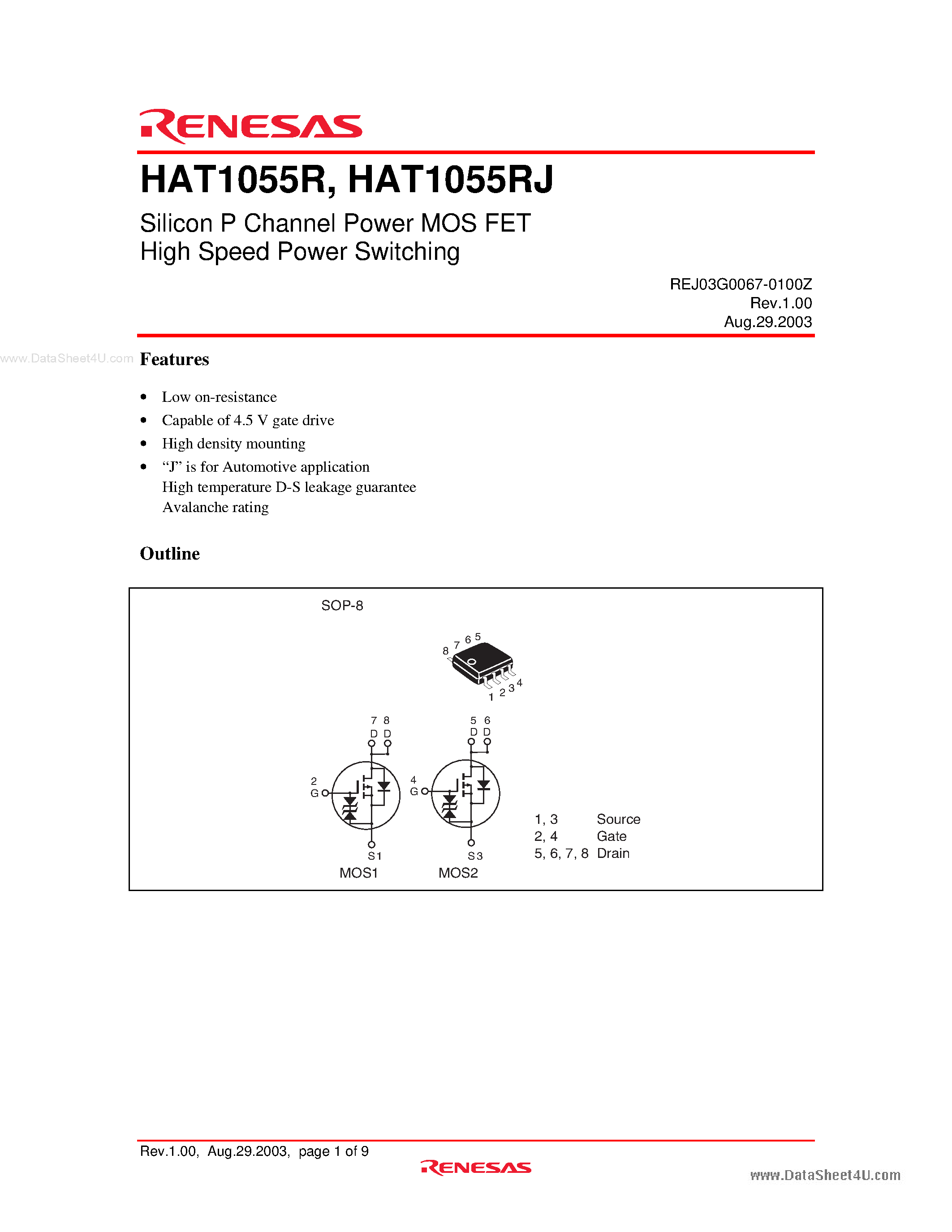 Datasheet HAT1055R - Silicon P Channel Power MOS FET Power Switching page 1