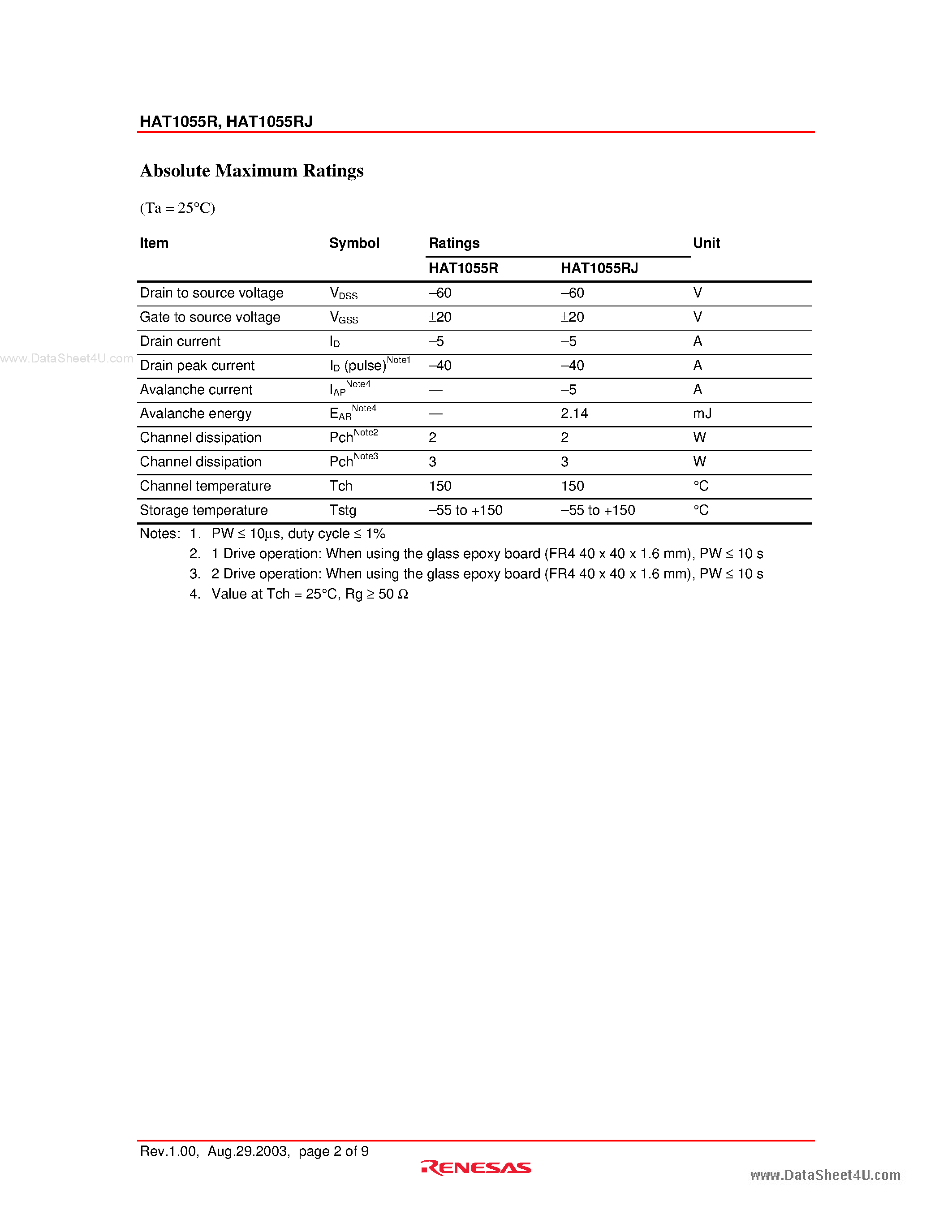 Datasheet HAT1055R - Silicon P Channel Power MOS FET Power Switching page 2