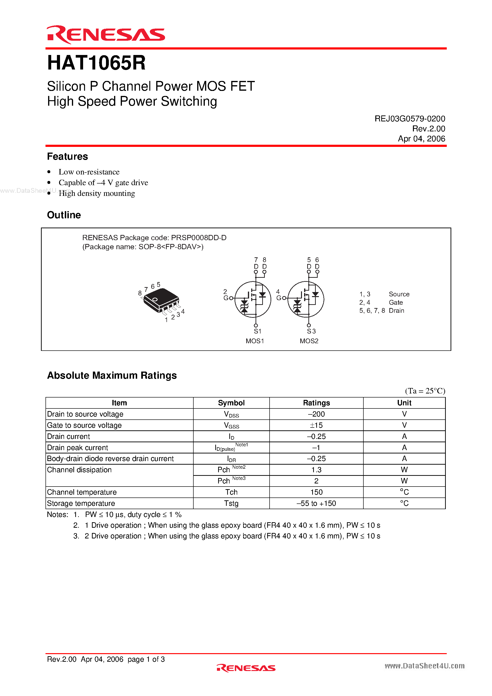 Datasheet HAT1065R - Silicon P Channel Power MOS FET Power Switching page 1