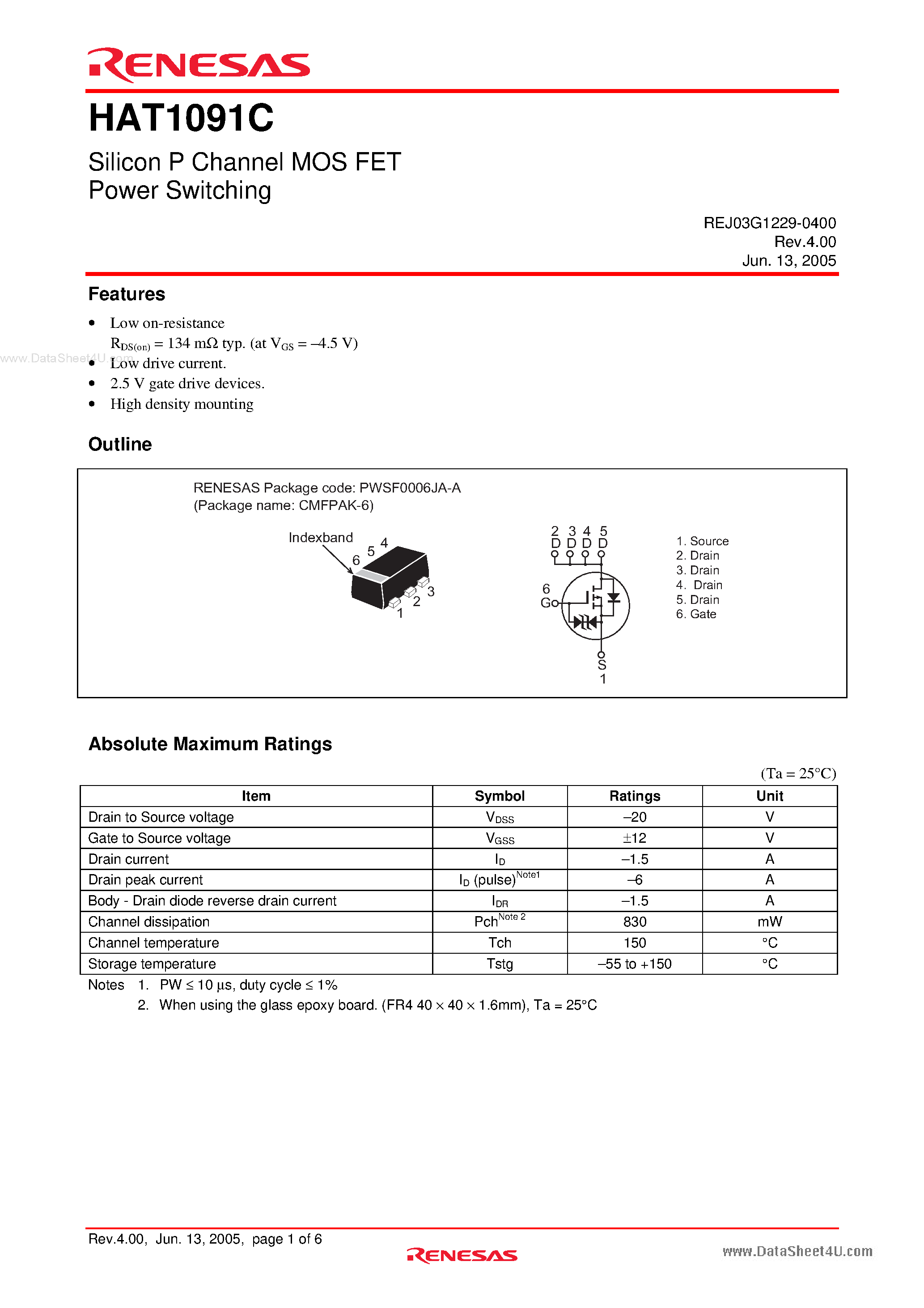 Datasheet HAT1091C - Silicon P Channel Power MOS FET Power Switching page 1