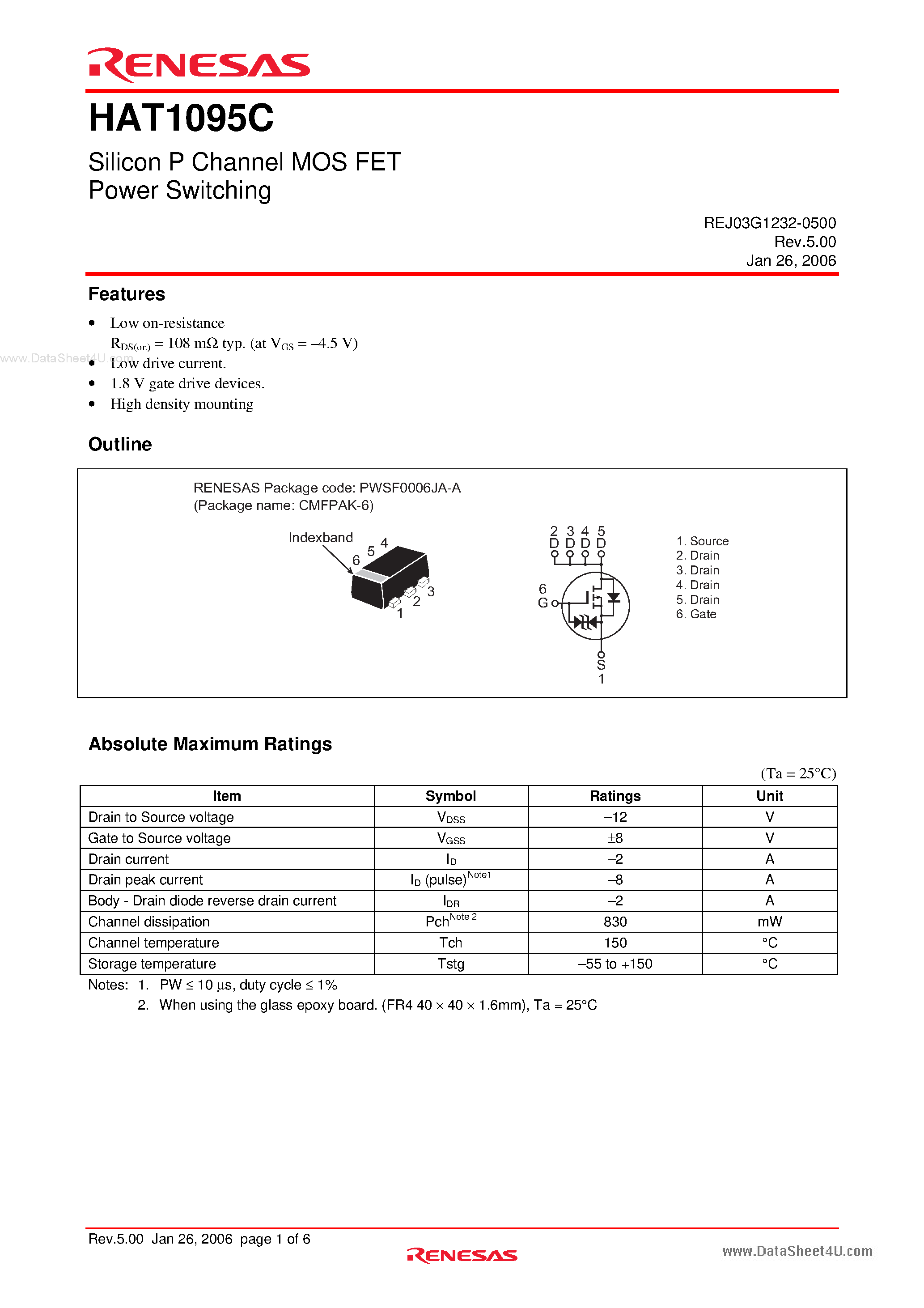 Datasheet HAT1095C - Silicon P Channel Power MOS FET Power Switching page 1