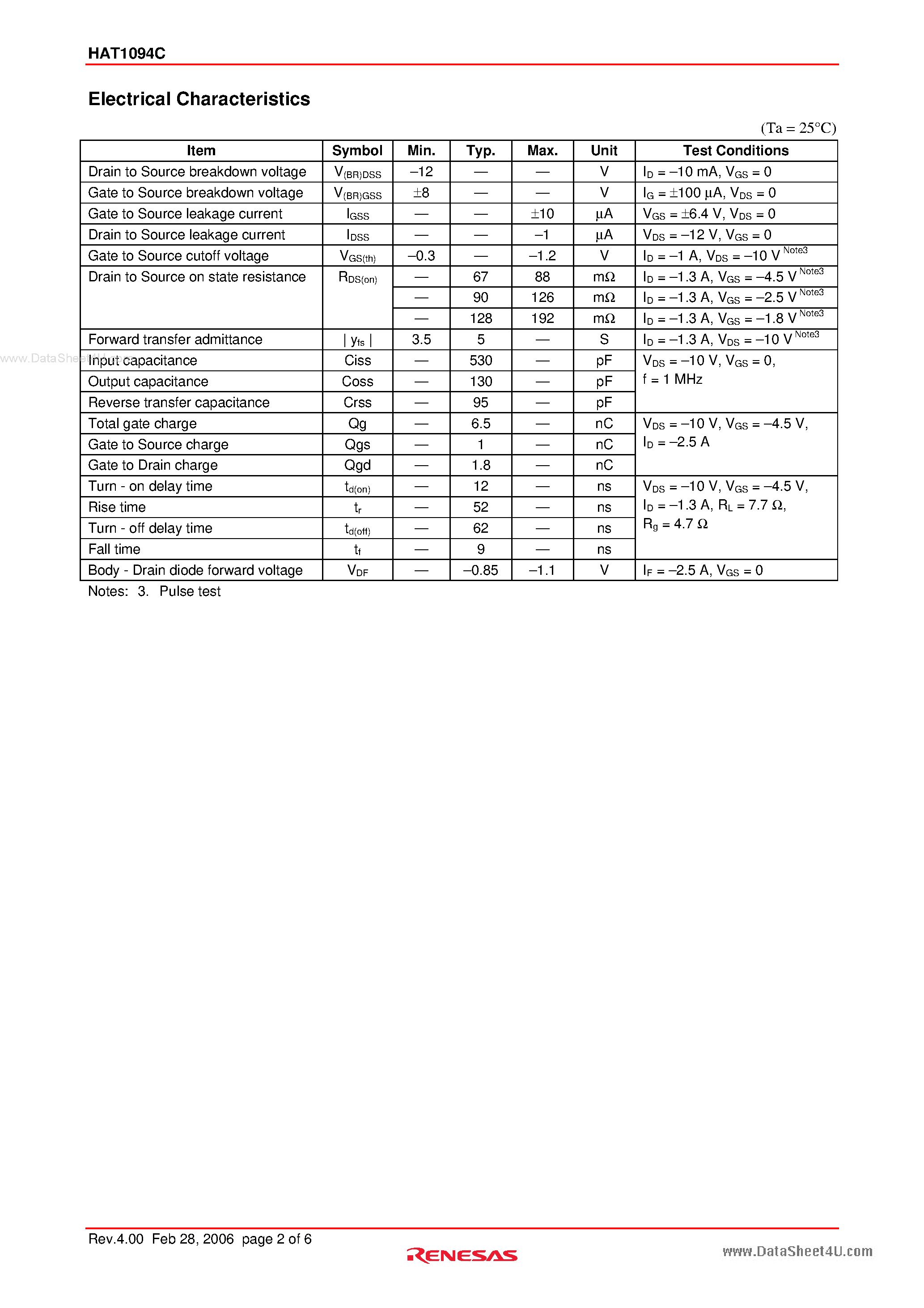 Datasheet HAT1094C - Silicon P Channel Power MOS FET Power Switching page 2