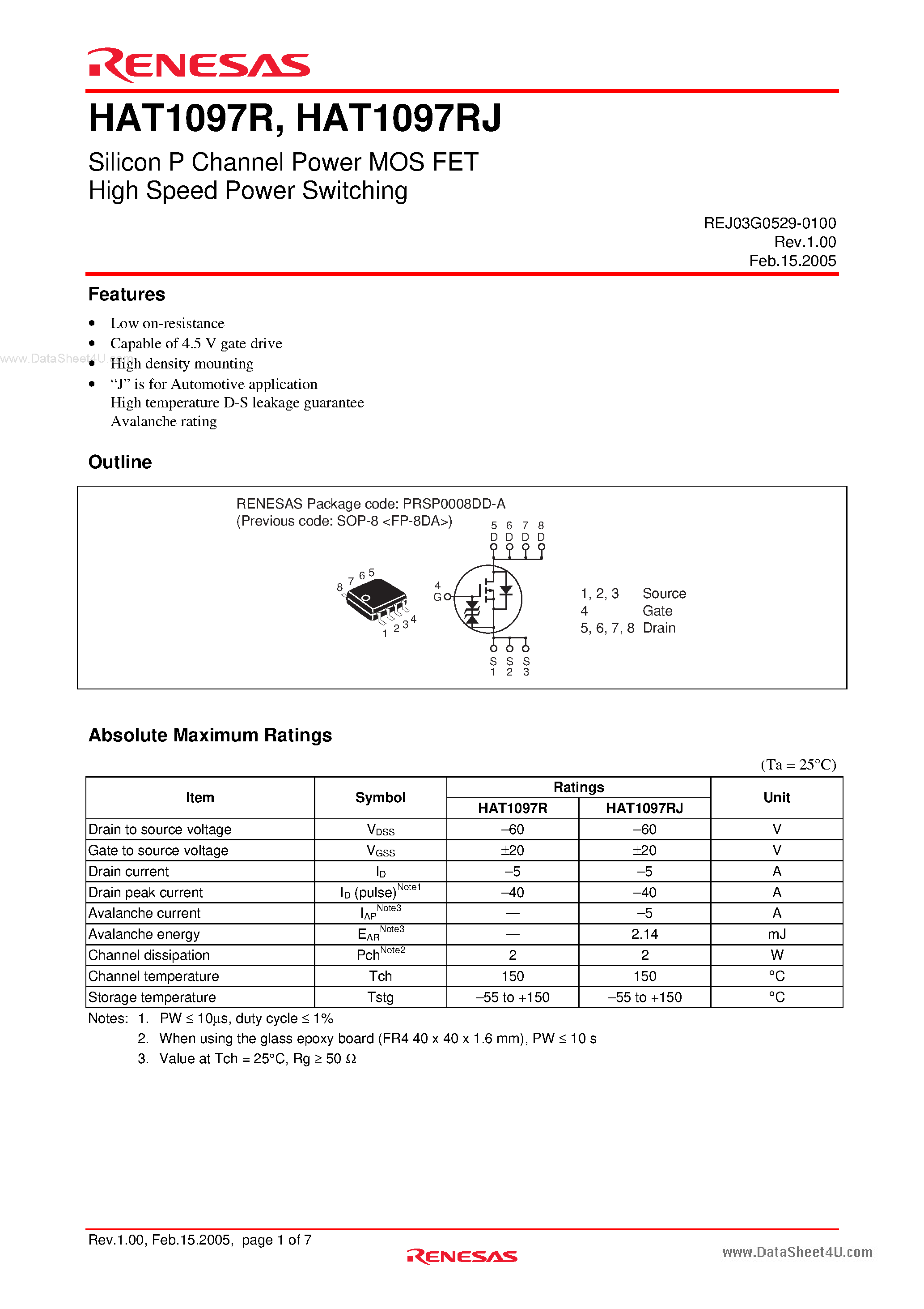 Datasheet HAT1097R - Silicon P Channel Power MOS FET Power Switching page 1