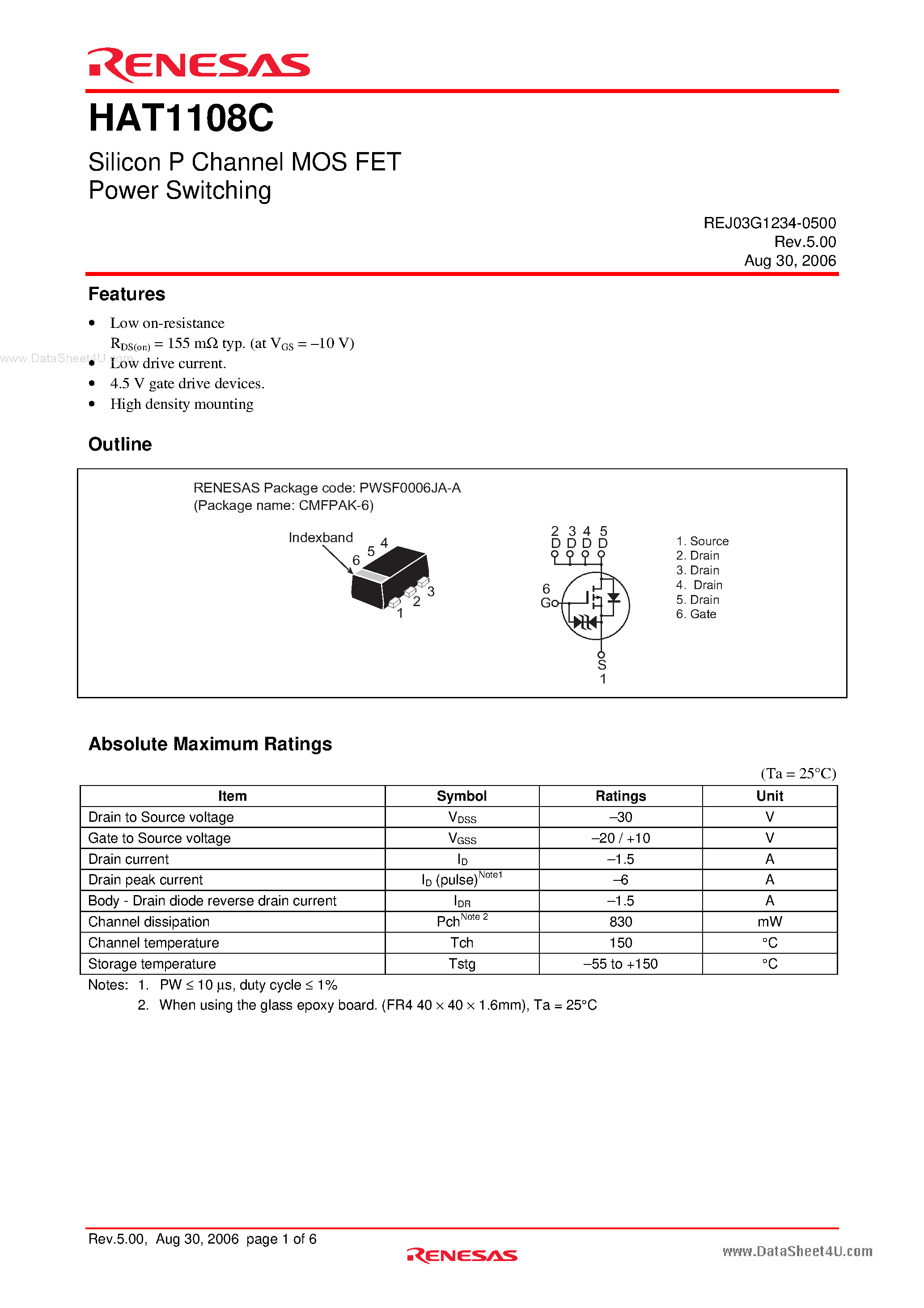 Datasheet HAT1108C - Silicon P Channel Power MOS FET Power Switching page 1