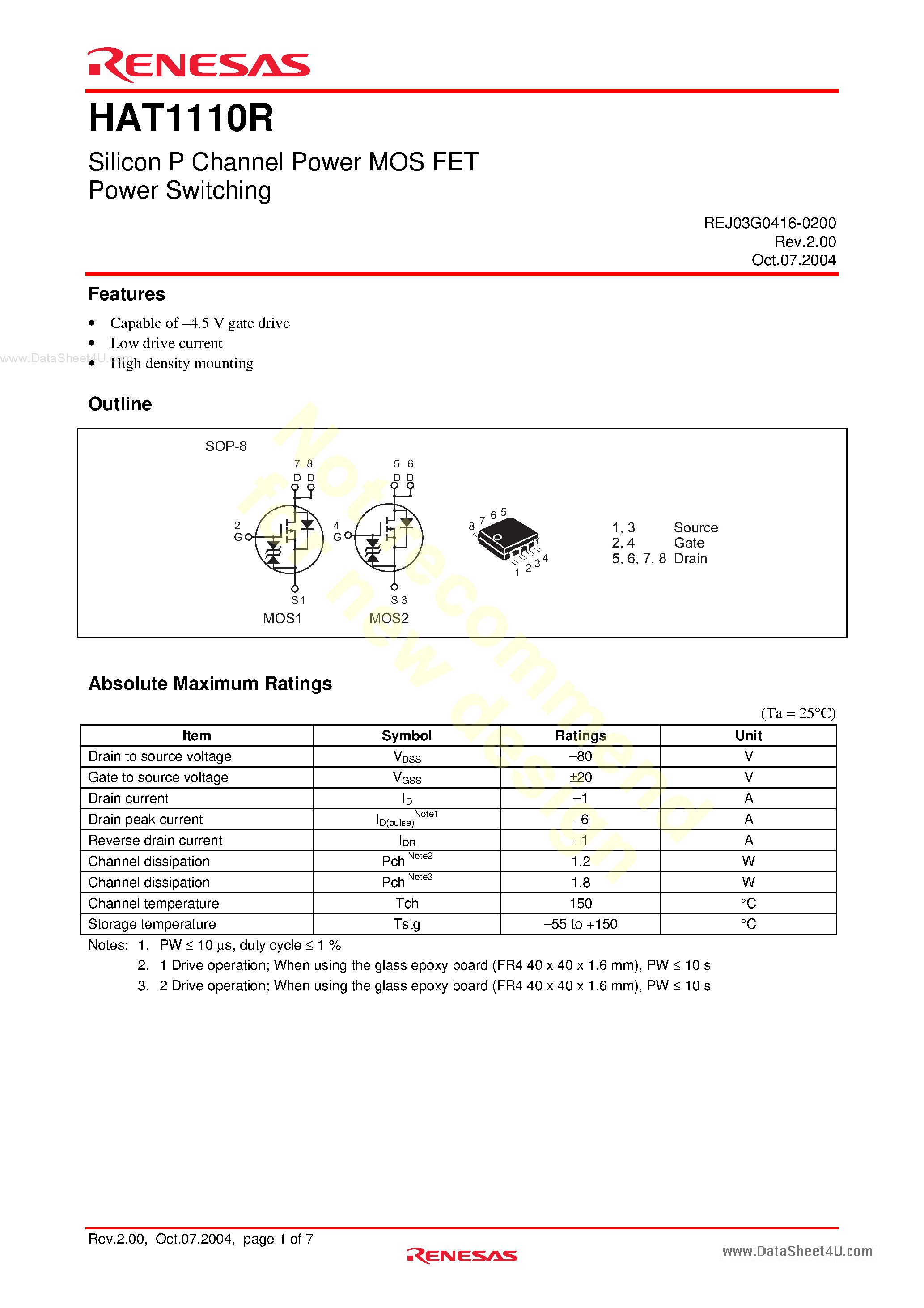 Datasheet HAT1110R - Silicon P Channel Power MOS FET Power Switching page 1