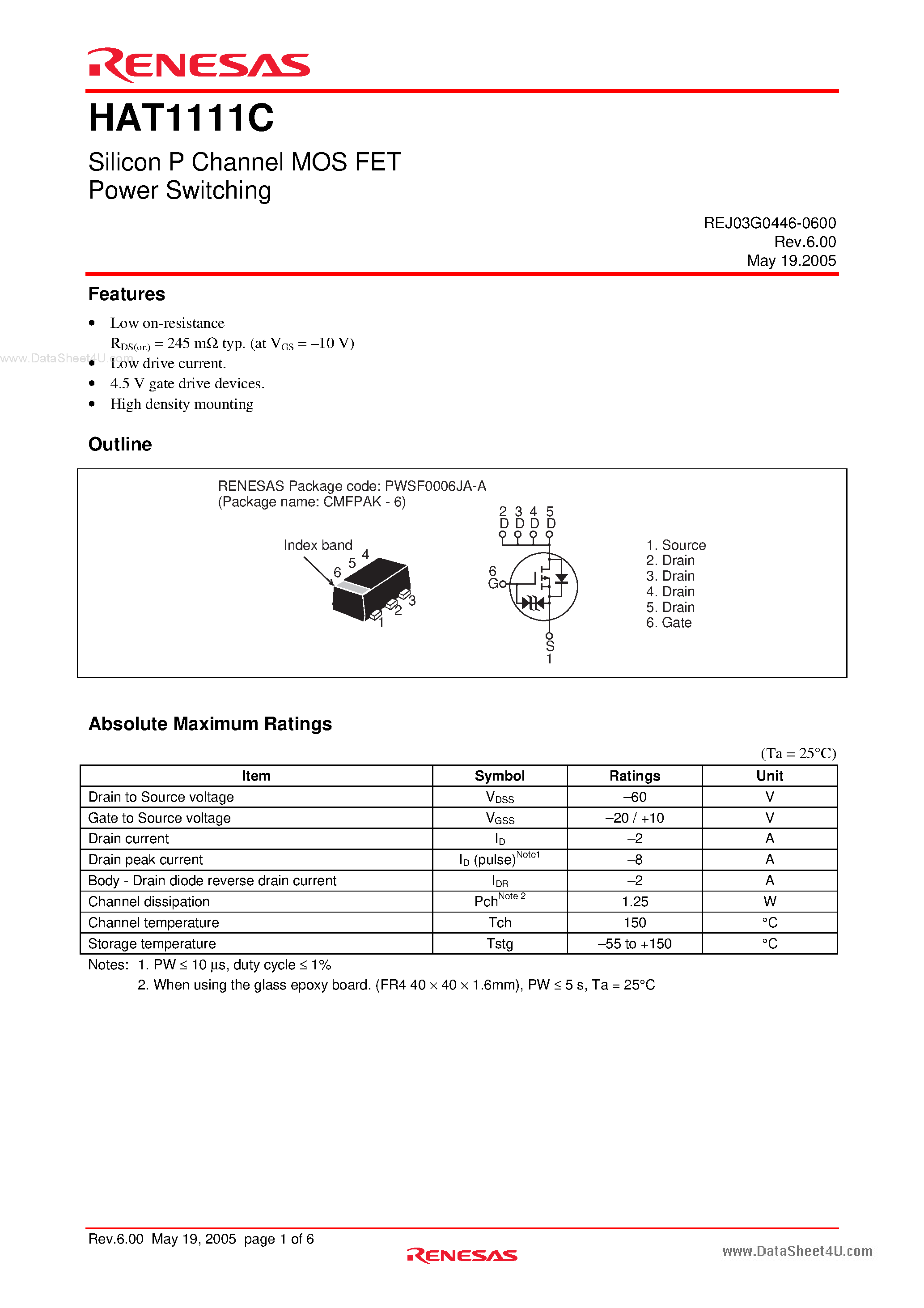 Datasheet HAT1111C - Silicon P Channel Power MOS FET Power Switching page 1