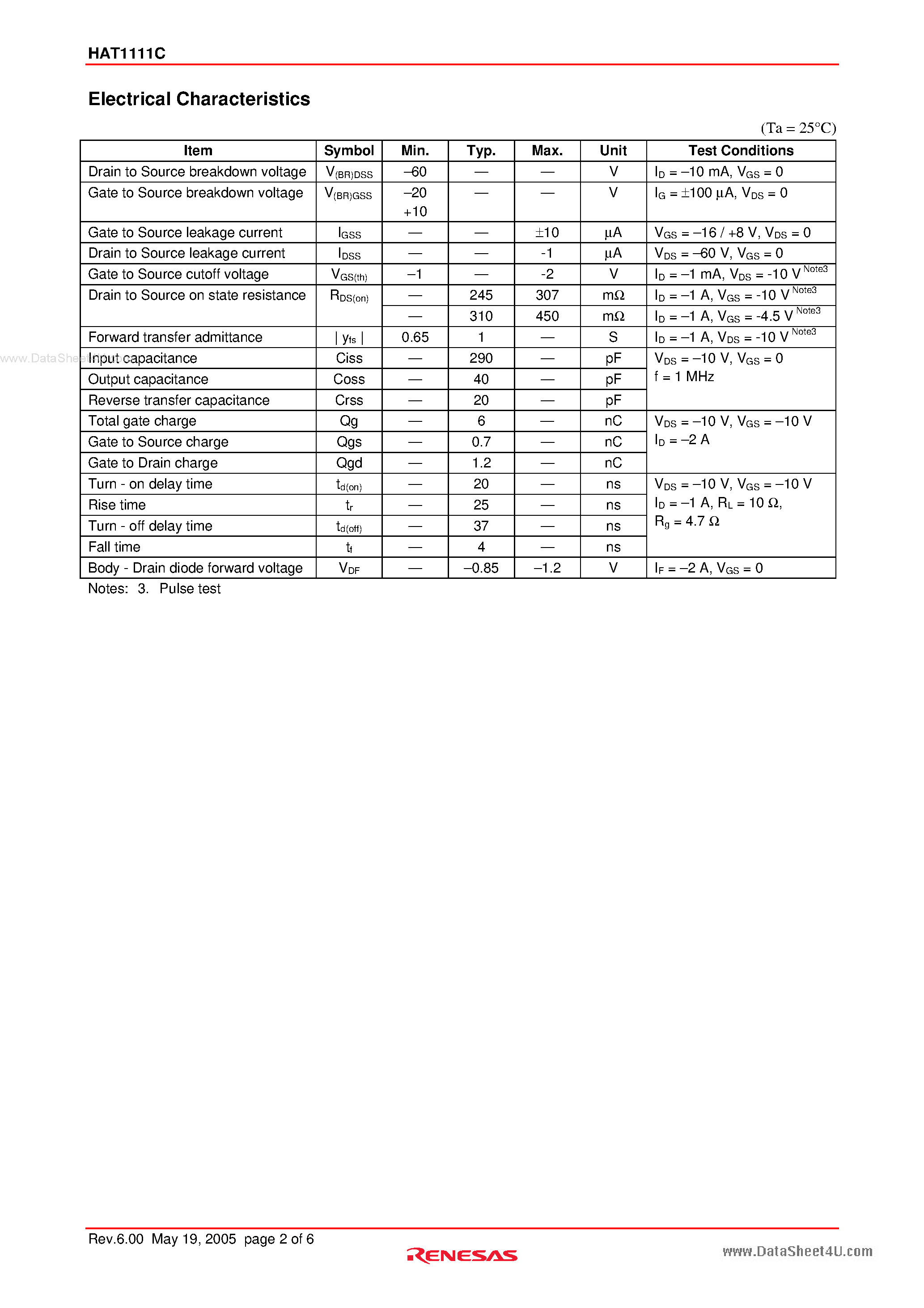 Datasheet HAT1111C - Silicon P Channel Power MOS FET Power Switching page 2