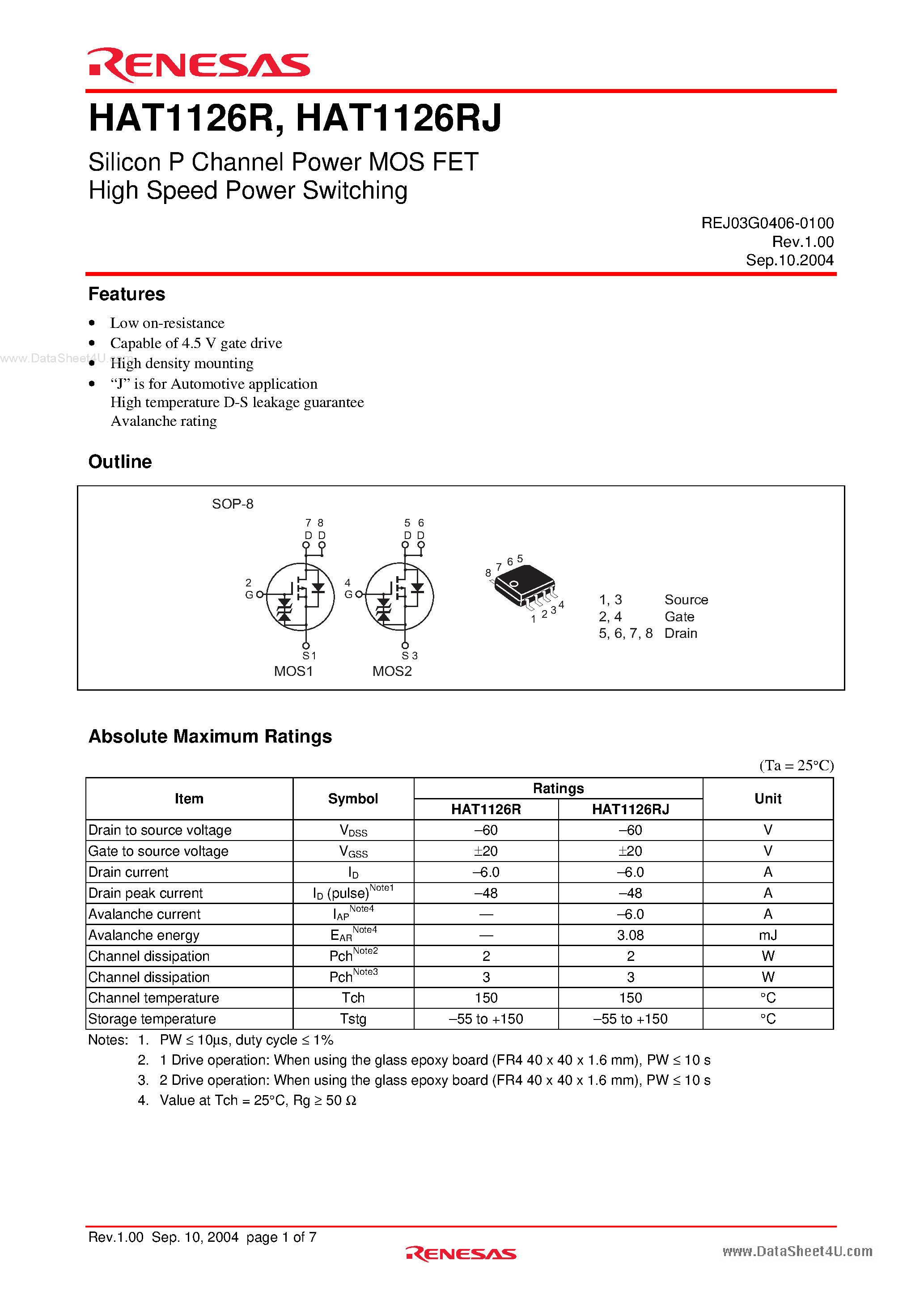 Datasheet HAT1126R - Silicon P Channel Power MOS FET Power Switching page 1