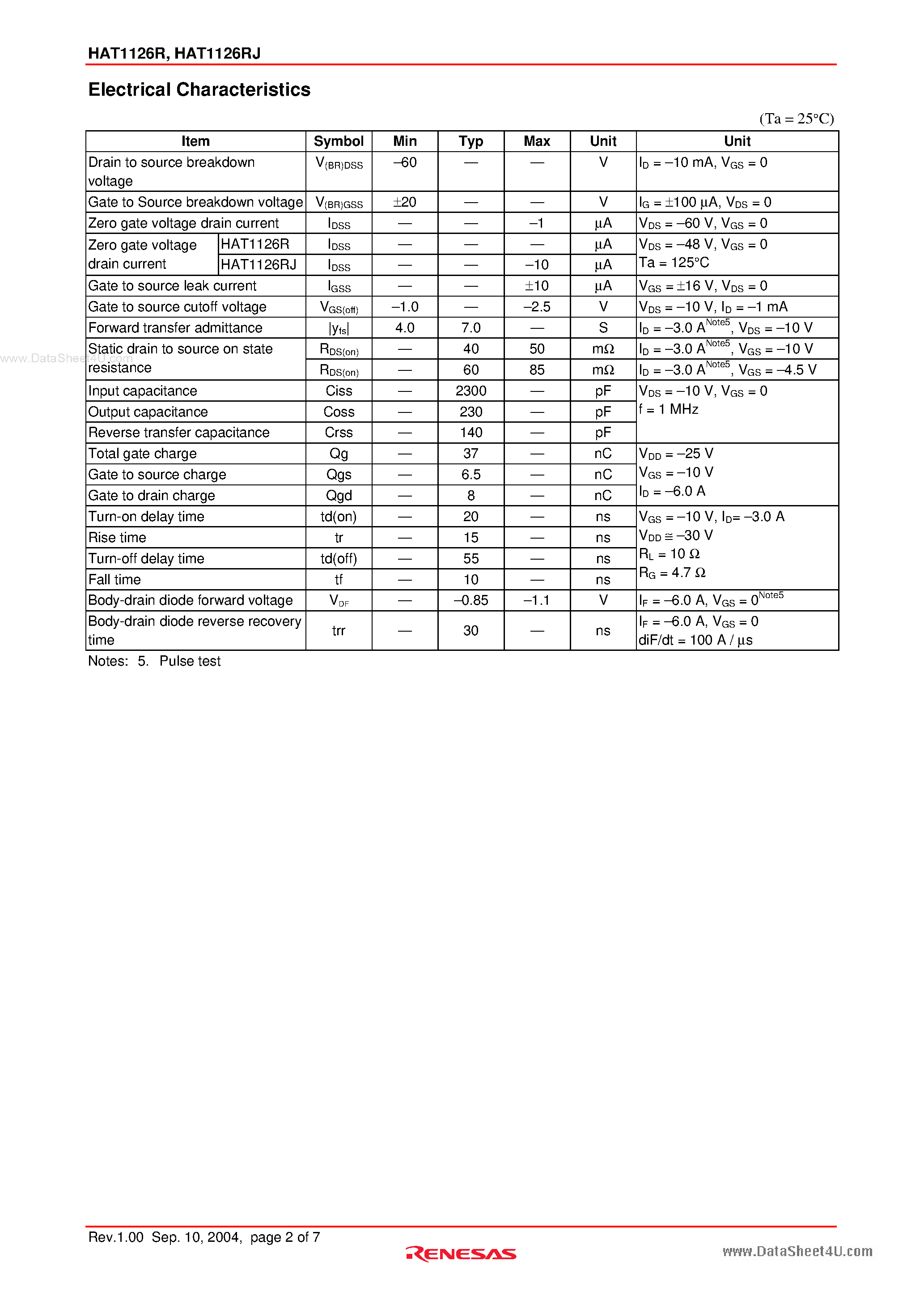 Datasheet HAT1126R - Silicon P Channel Power MOS FET Power Switching page 2