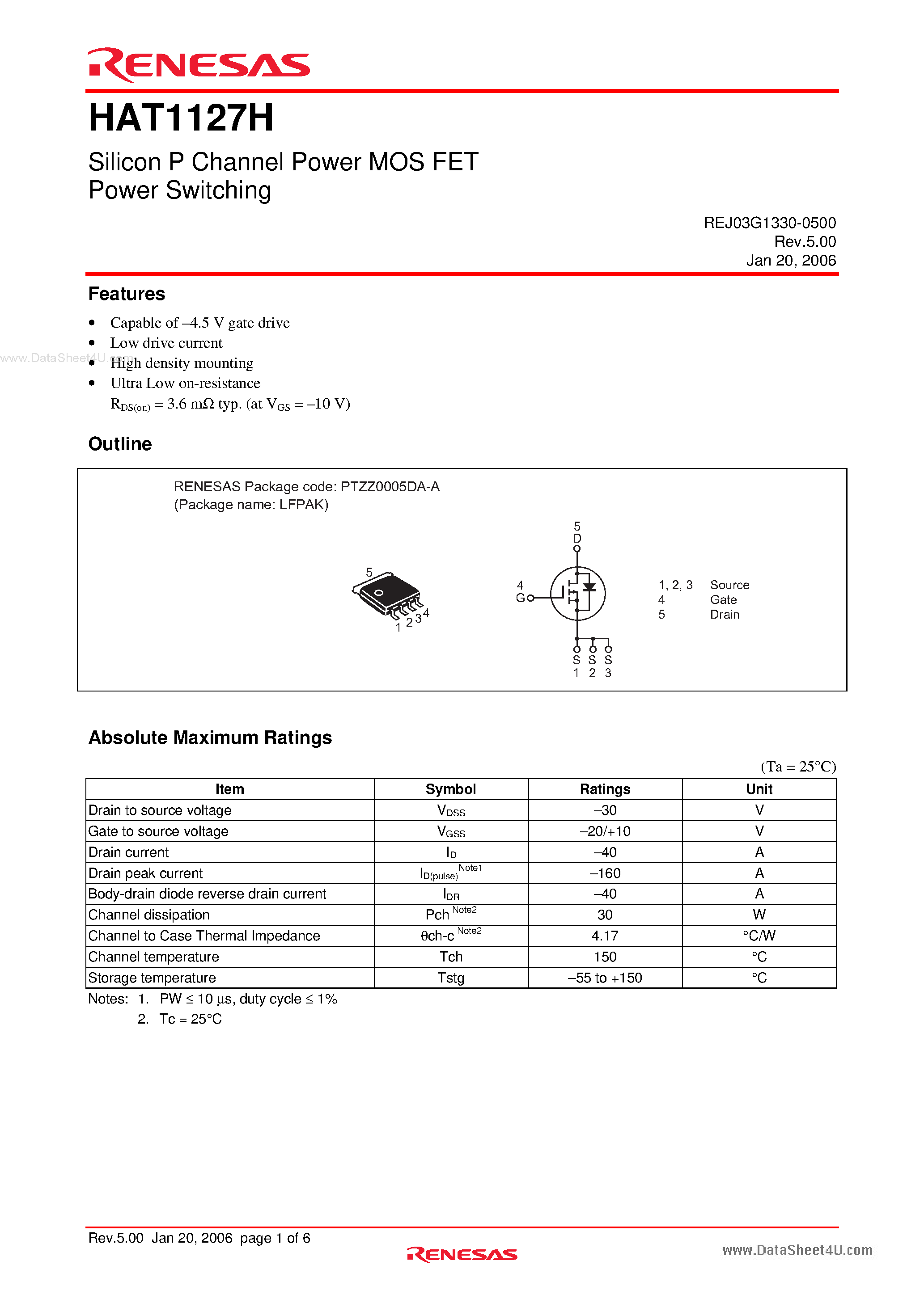 Datasheet HAT1127H - Silicon P Channel Power MOS FET Power Switching page 1