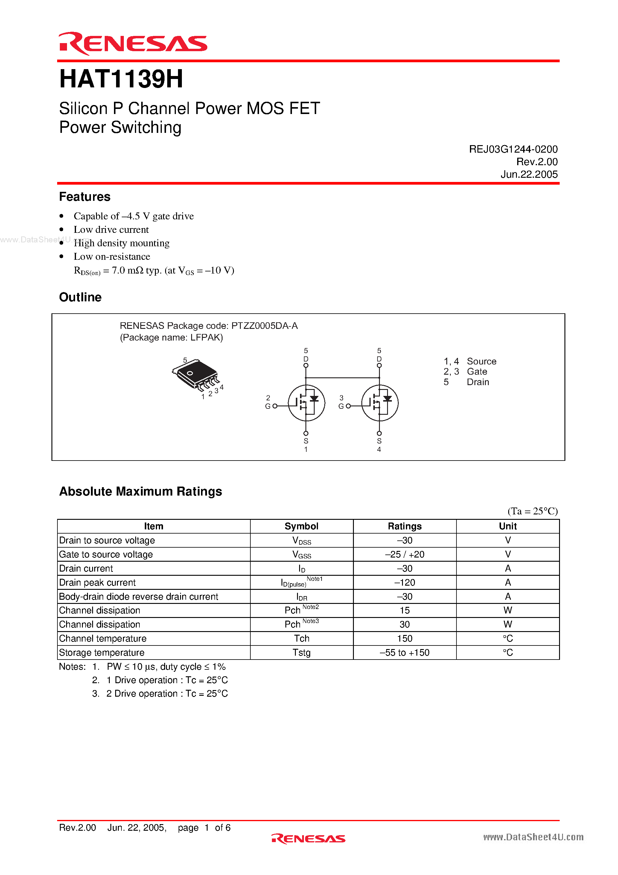 Datasheet HAT1139H - Silicon P Channel Power MOS FET Power Switching page 1