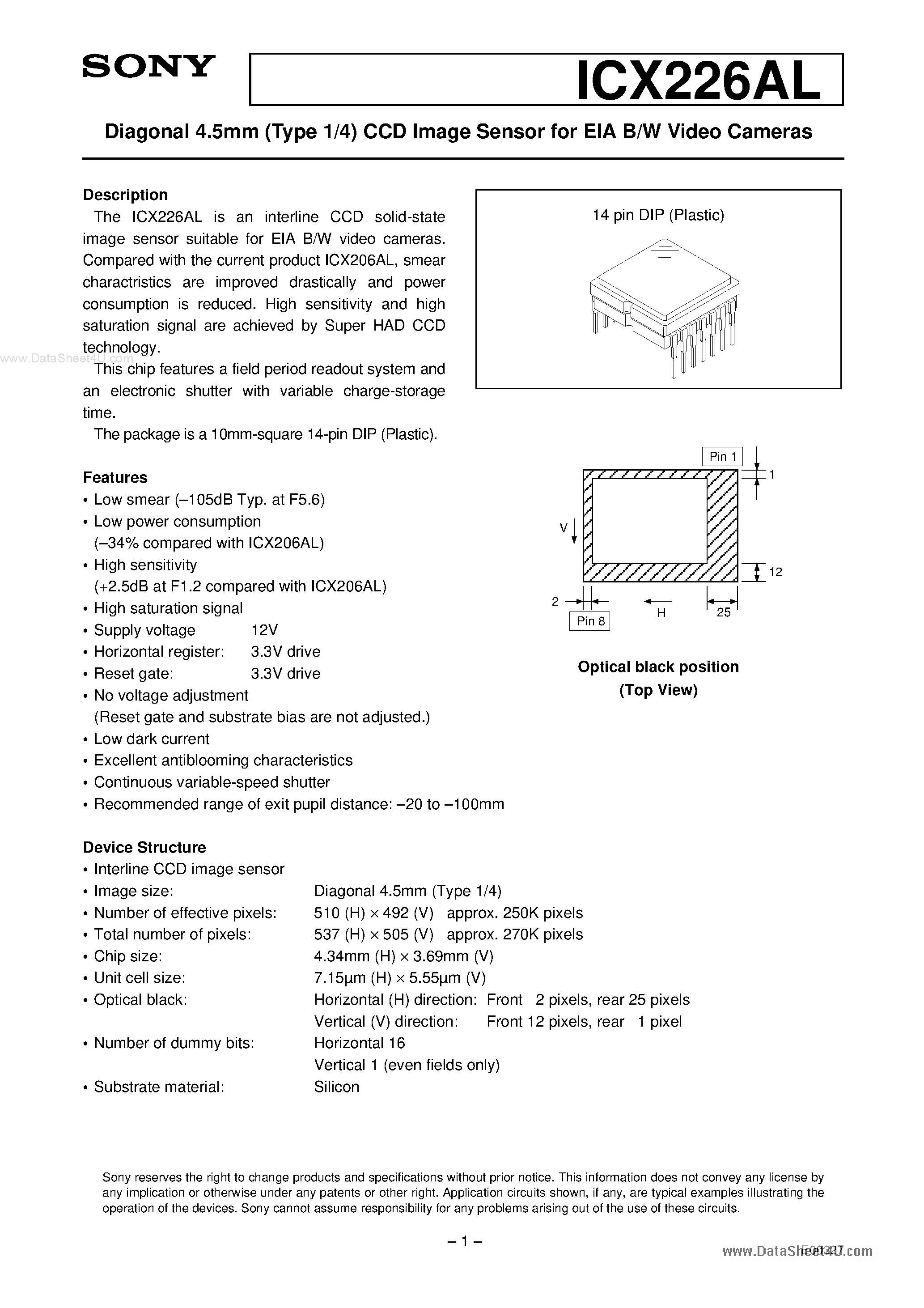 Datasheet ICX226AL page 1 Datasheet ICX226AL - Diagonal 4.5mm (Type 1/4) CCD Image Sensor page 1