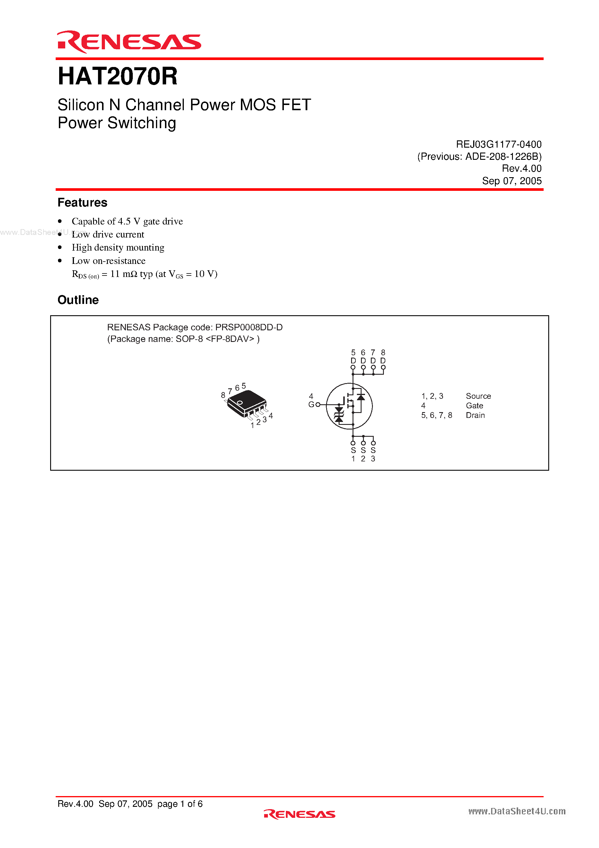 Datasheet HAT2070R - Silicon N Channel Power MOS FET Power Switching page 1