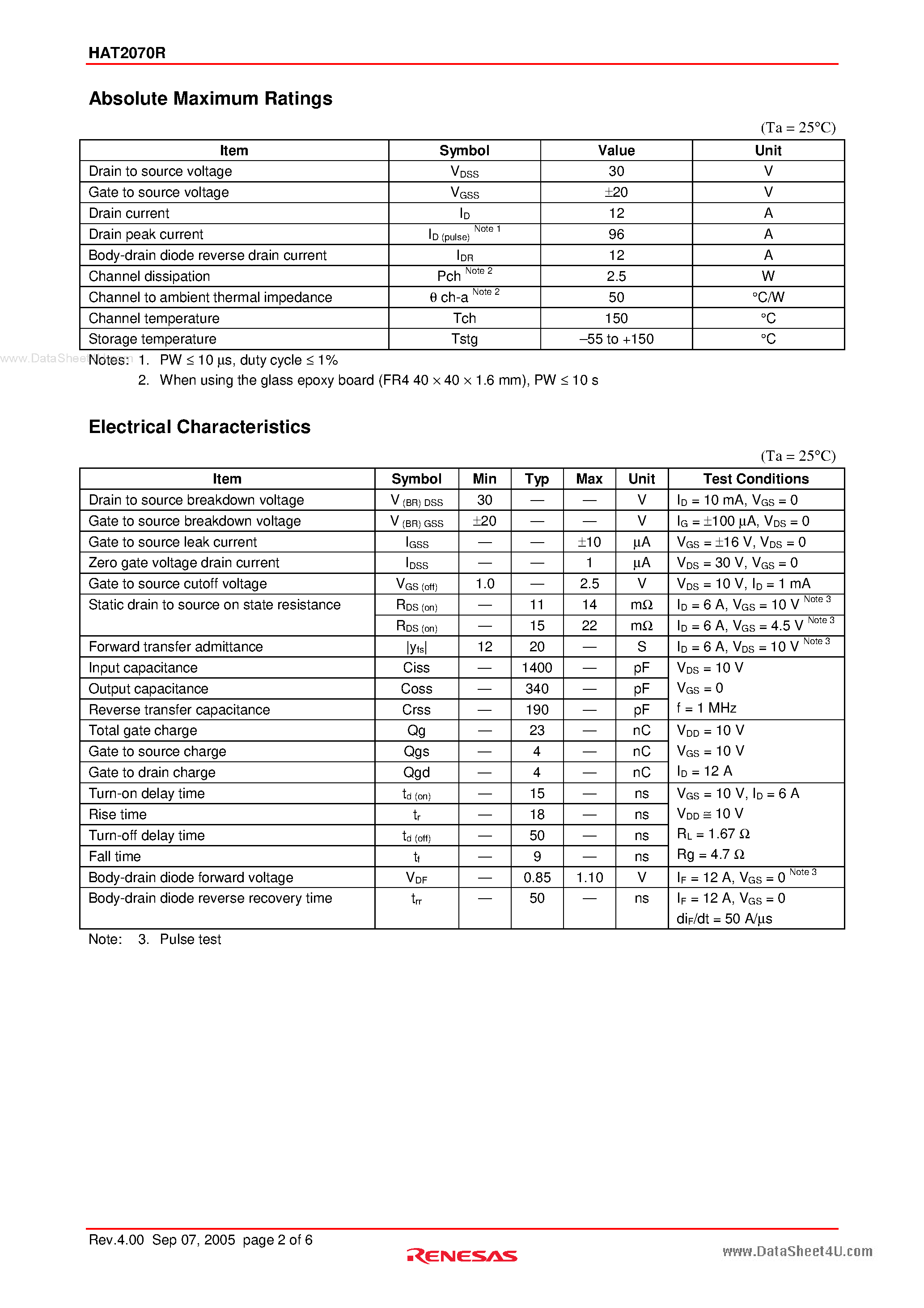 Datasheet HAT2070R - Silicon N Channel Power MOS FET Power Switching page 2