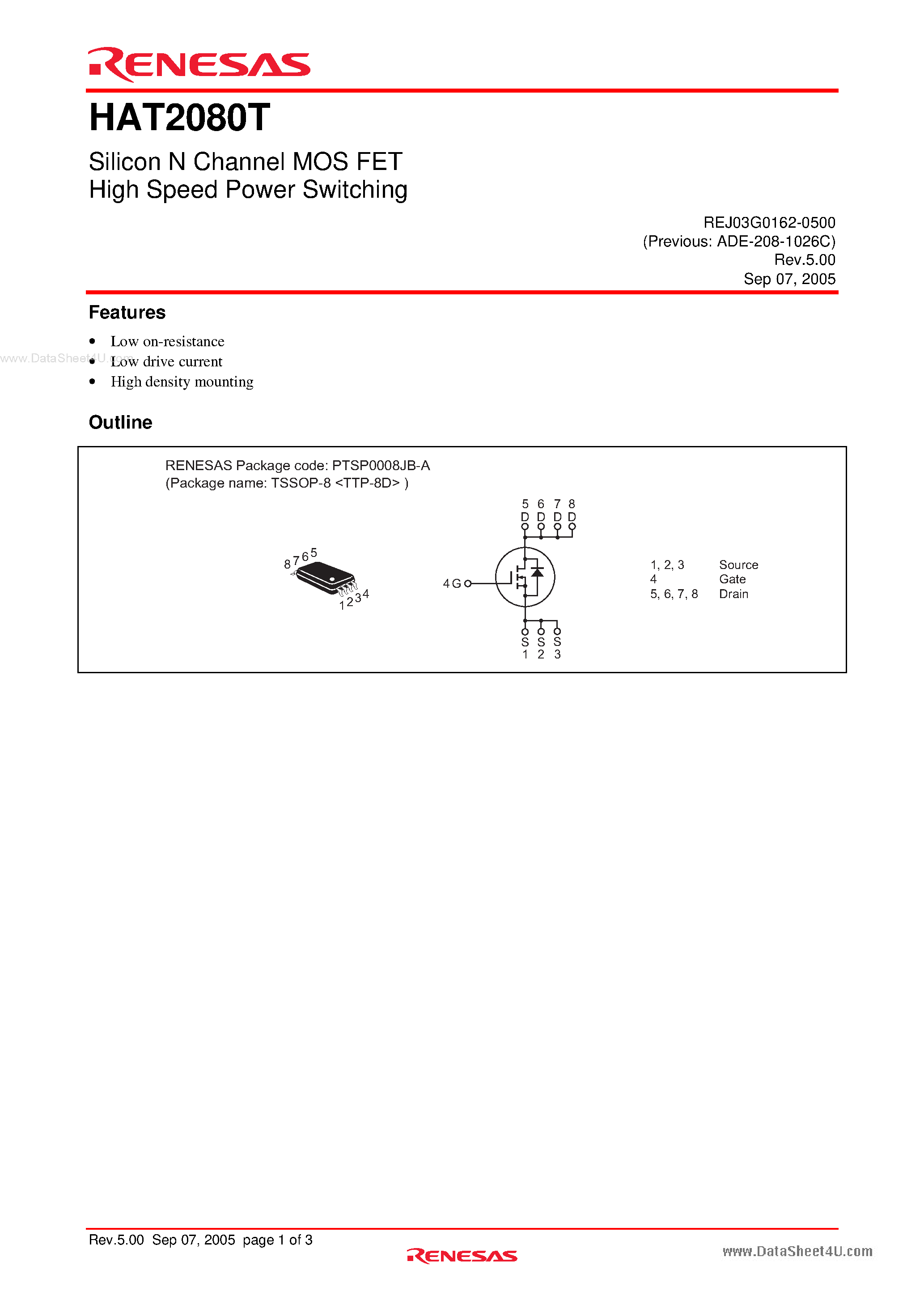 Datasheet HAT2080T - Silicon N Channel Power MOS FET Power Switching page 1