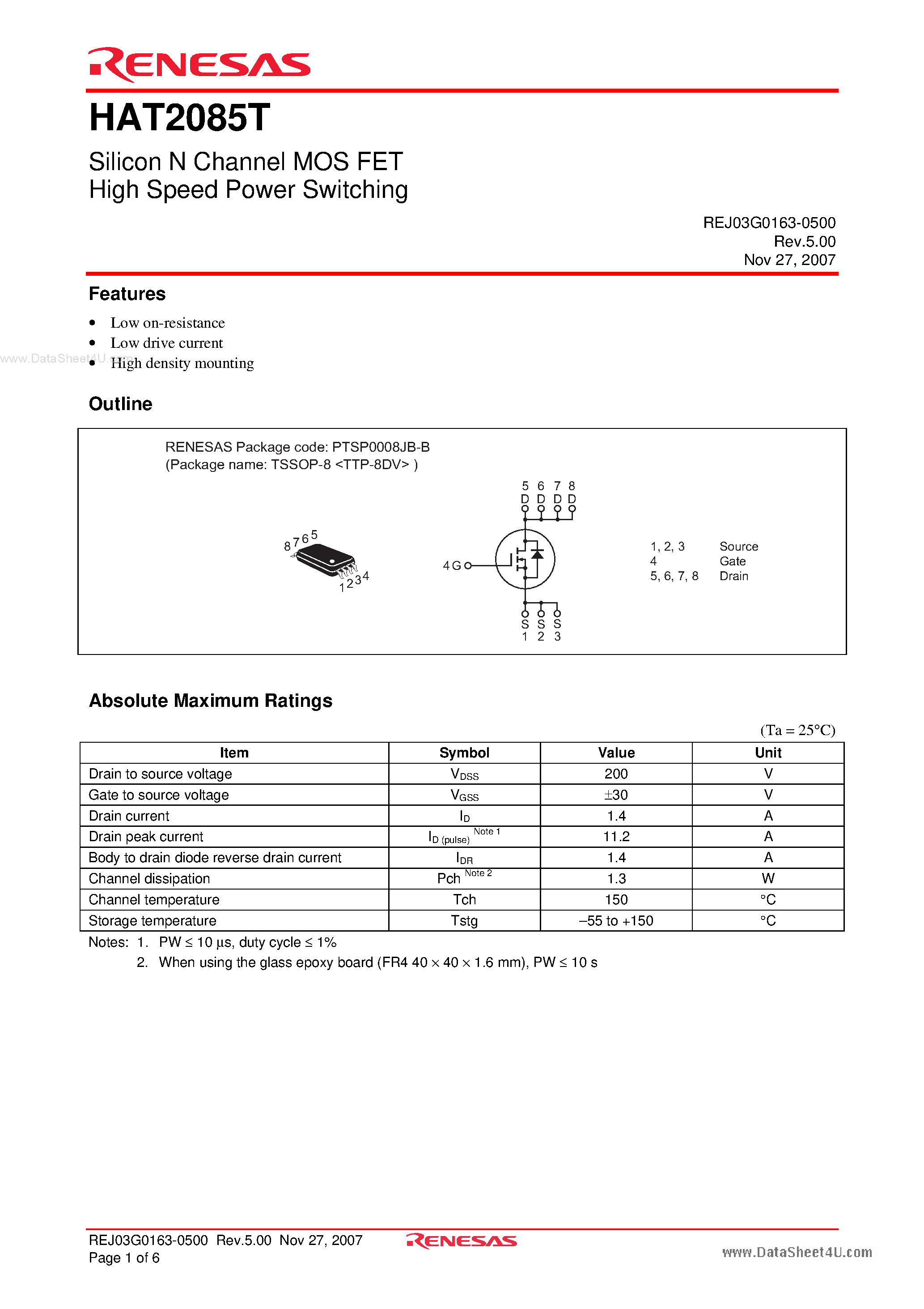 Datasheet HAT2085T - Silicon N Channel Power MOS FET Power Switching page 1