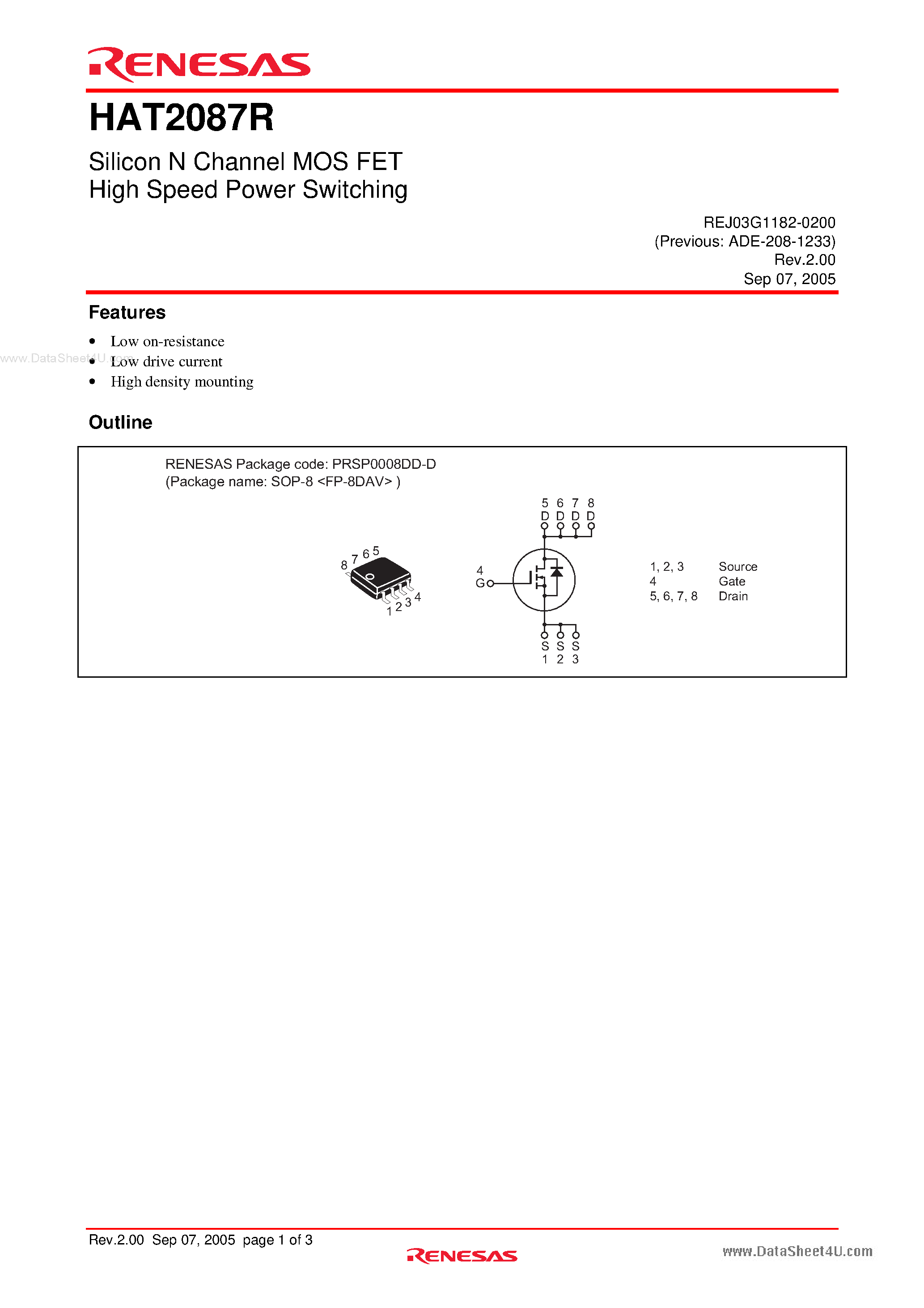 Datasheet HAT2087R - Silicon N Channel Power MOS FET Power Switching page 1