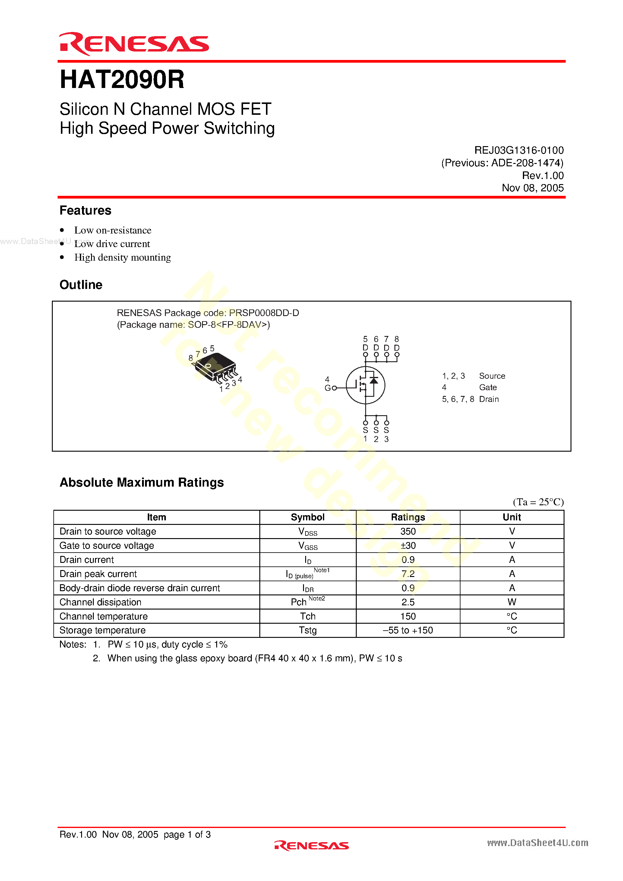 Datasheet HAT2090R - Silicon N Channel Power MOS FET Power Switching page 1