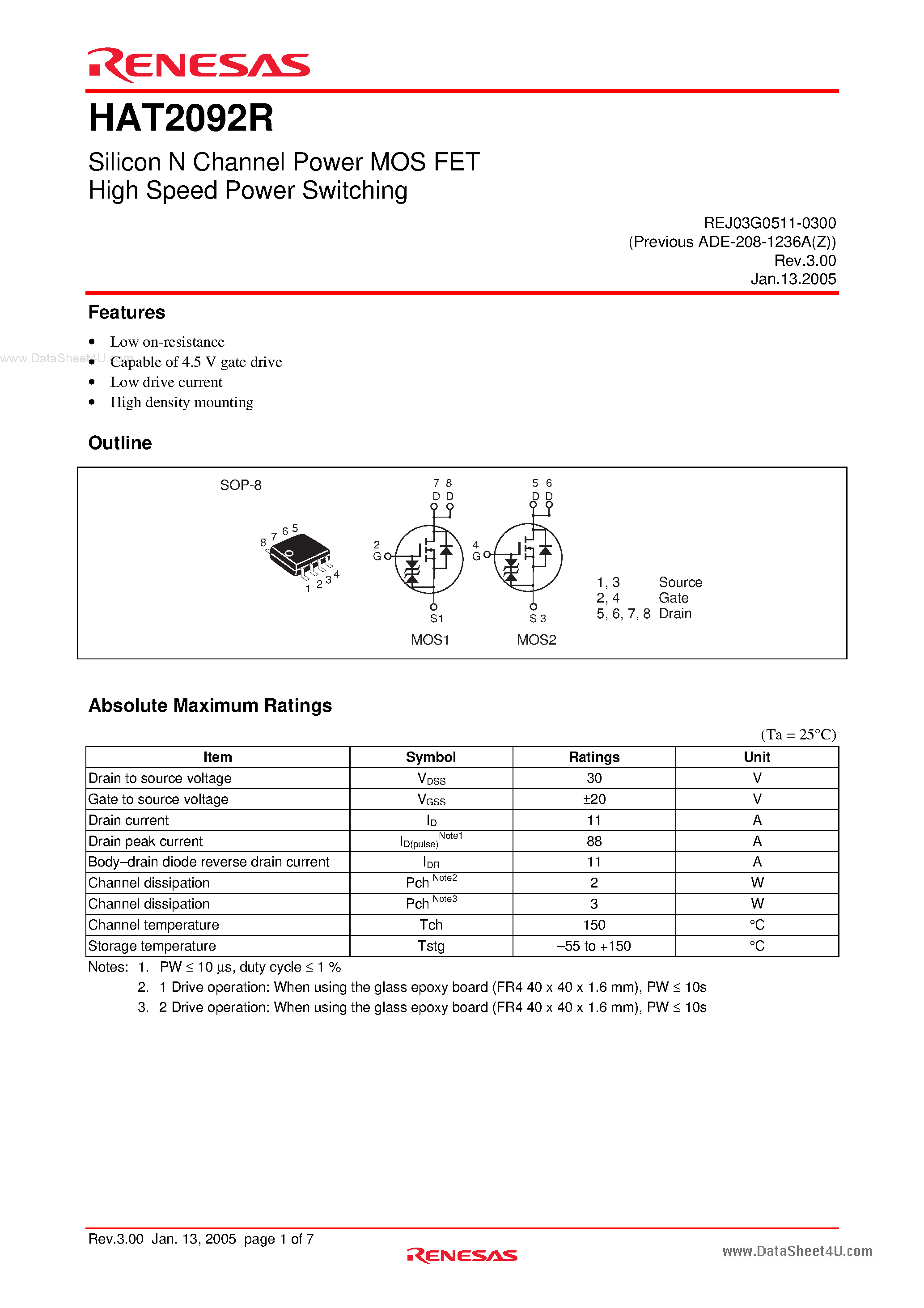 Datasheet HAT2092R page 1 Datasheet HAT2092R - Silicon N Channel Power MOS FET Power Switching page 1