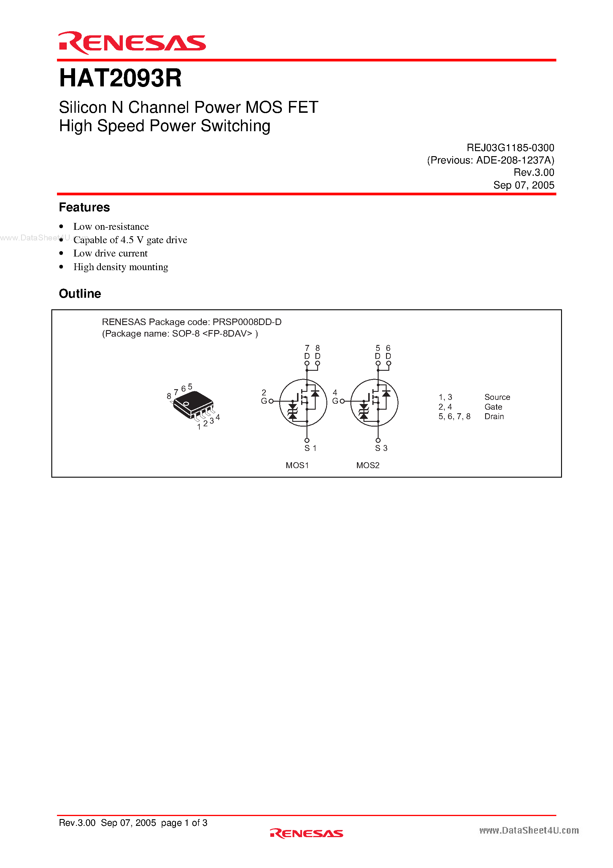 Datasheet HAT2093R page 1 Datasheet HAT2093R - Silicon N Channel Power MOS FET Power Switching page 1