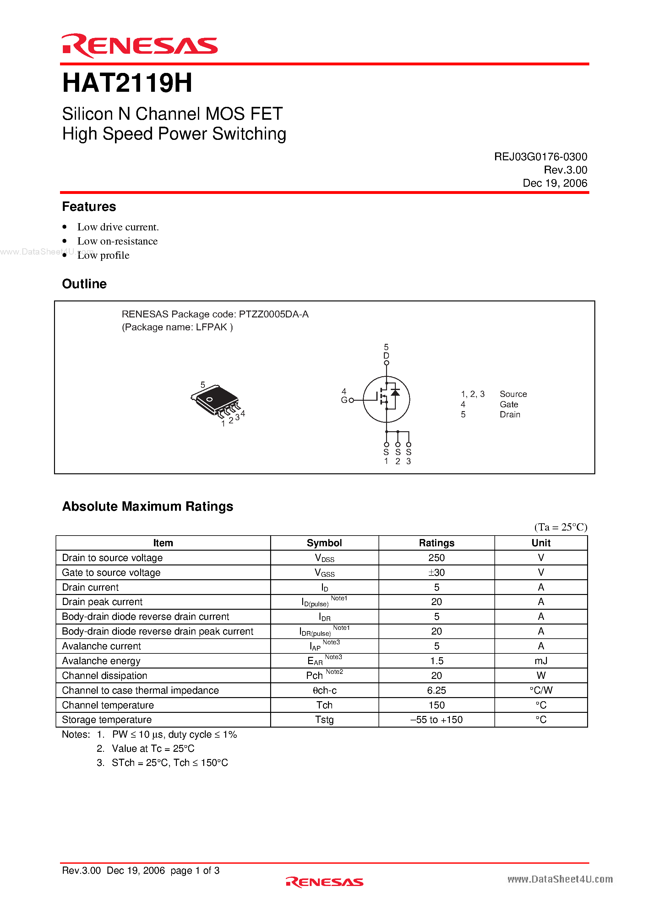 Datasheet HAT2119H page 1 Datasheet HAT2119H - Silicon N Channel Power MOS FET Power Switching page 1
