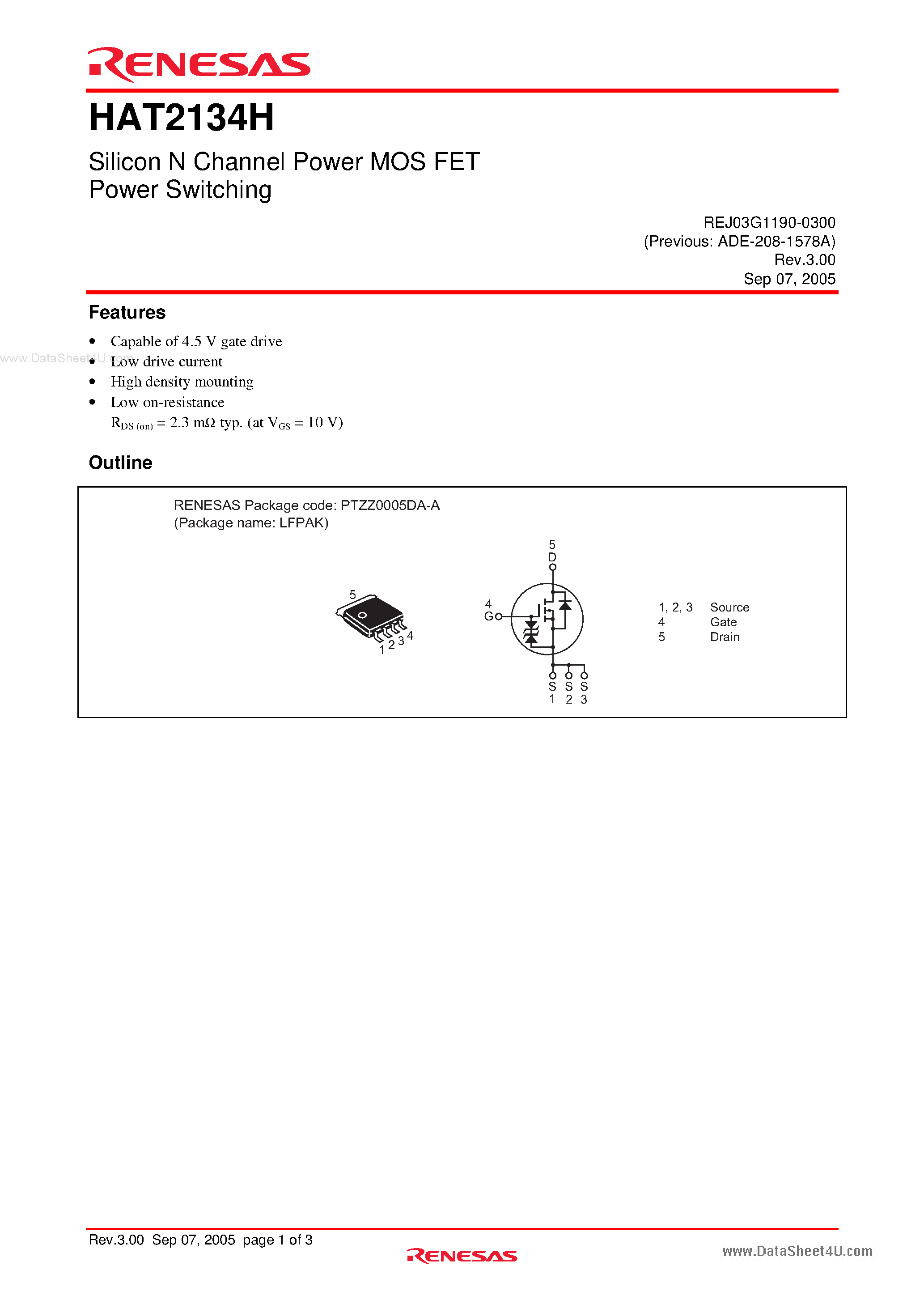 Datasheet HAT2134H page 1 Datasheet HAT2134H - Silicon N Channel Power MOS FET Power Switching page 1
