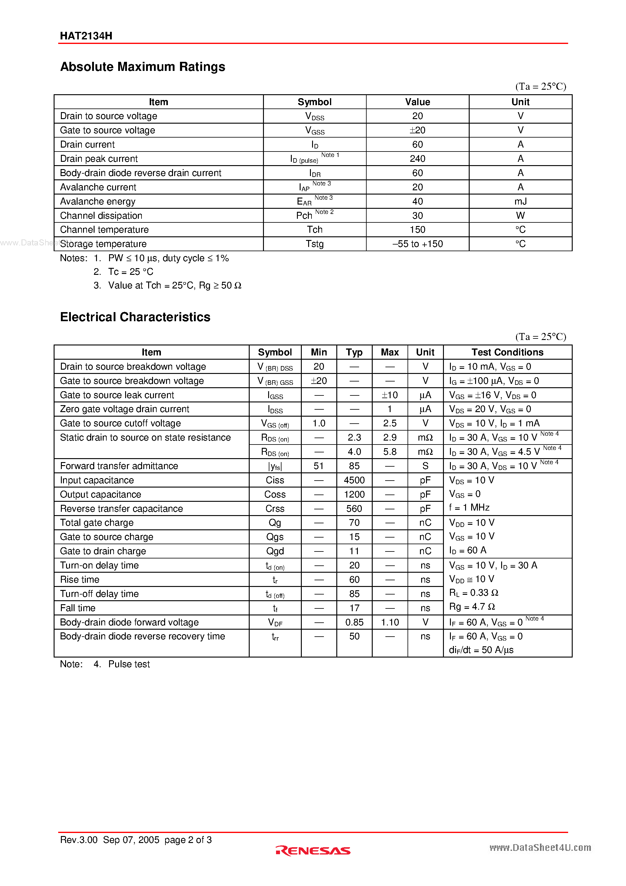 Datasheet HAT2134H page 2 Datasheet HAT2134H - Silicon N Channel Power MOS FET Power Switching page 2