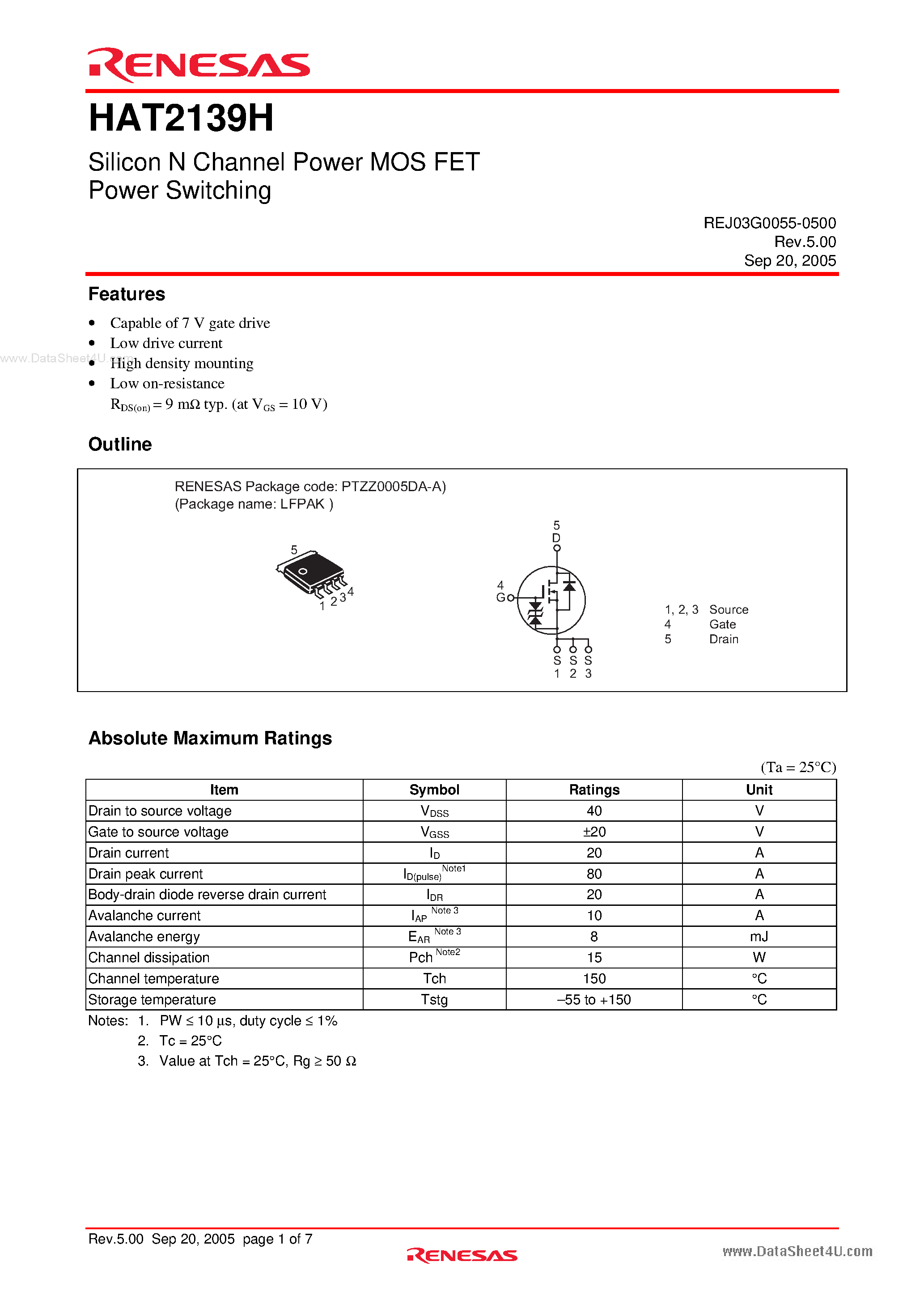 Datasheet HAT2139H page 1 Datasheet HAT2139H - Silicon N Channel Power MOS FET Power Switching page 1
