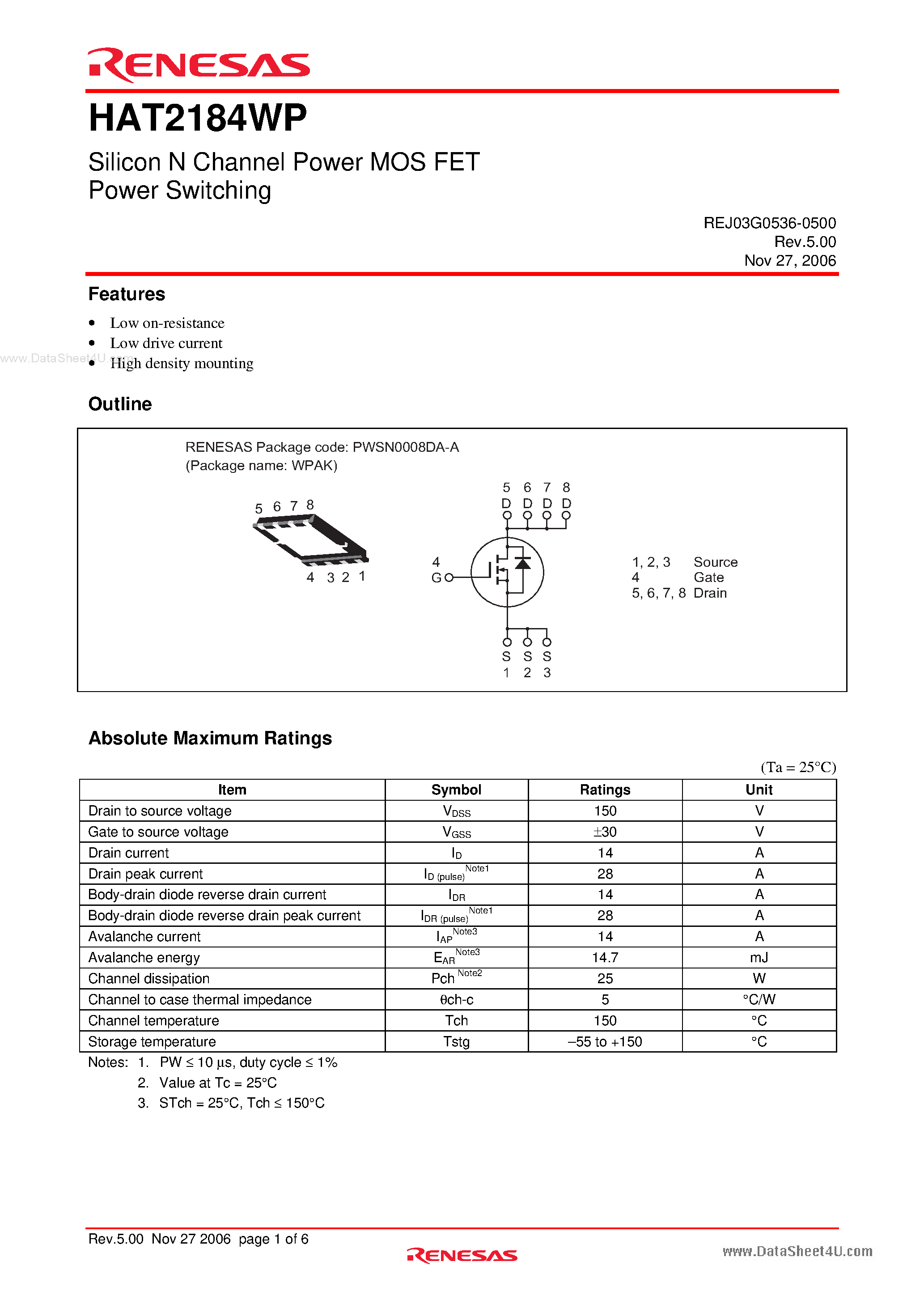 Datasheet HAT2184WP - Silicon N Channel Power MOS FET Power Switching page 1