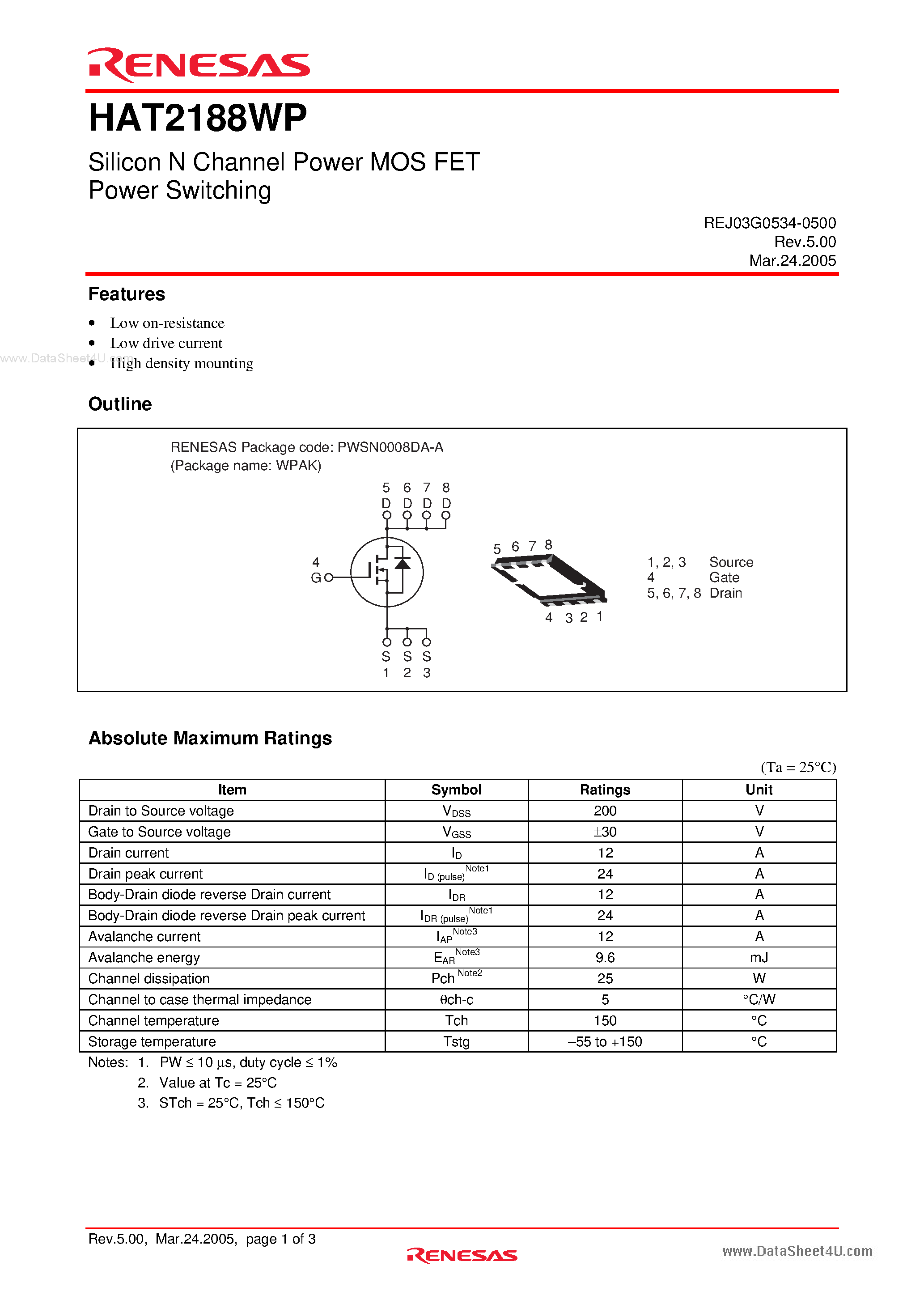 Datasheet HAT2188WP - Silicon N Channel Power MOS FET Power Switching page 1